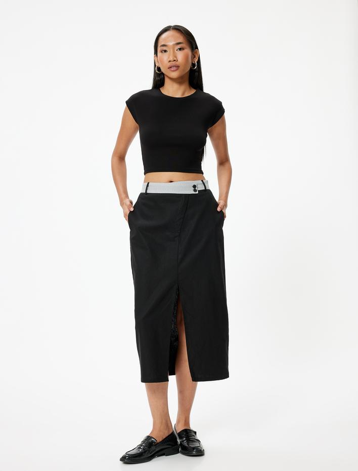  Midi Boy Keten Kalem Etek Önden Yırtmaç Detaylı Beli Kontrast Detaylı Slim Fit