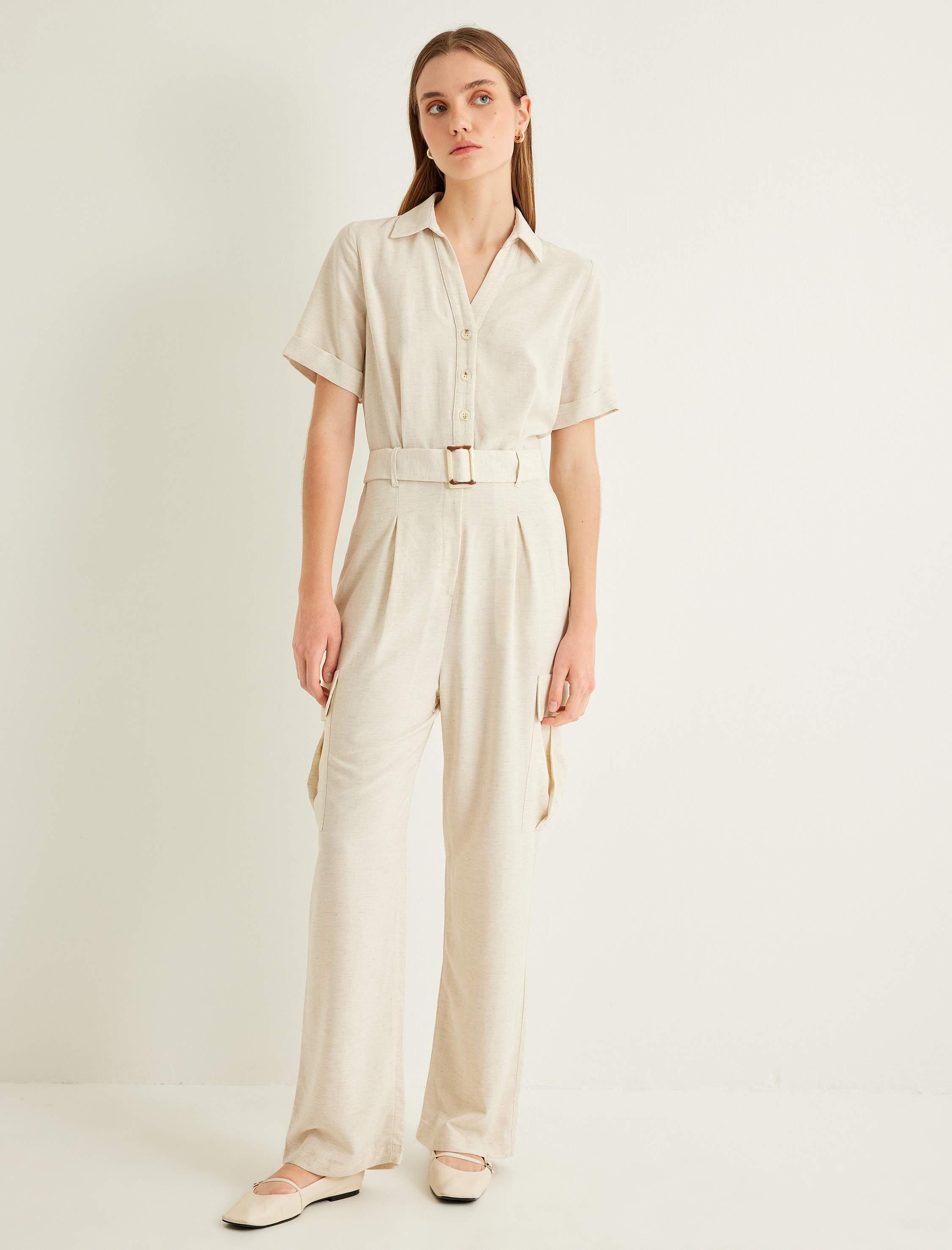   Keten Tulum Kargo Cepli Kemerli Kısa Kollu Gömlek Yaka