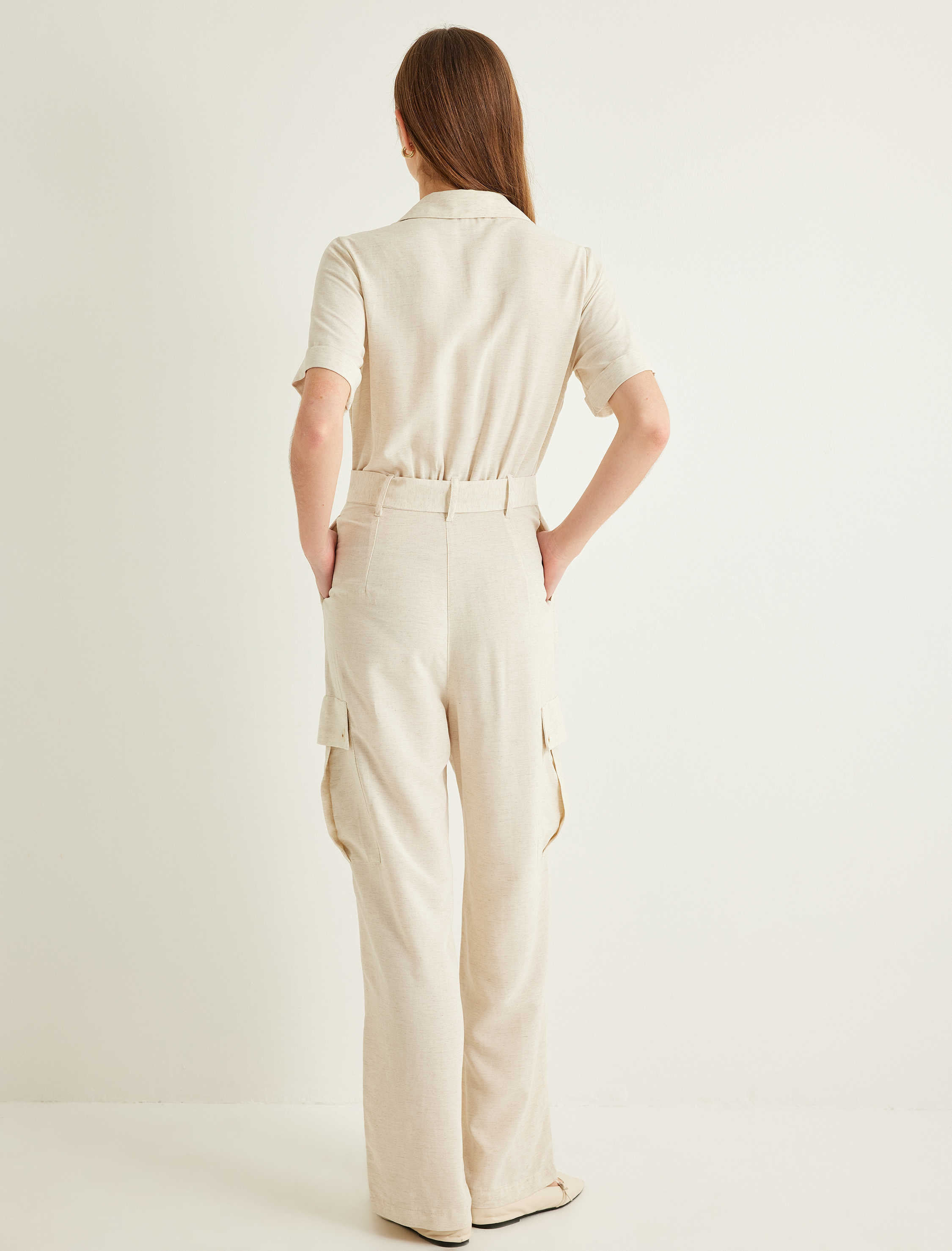   Keten Tulum Kargo Cepli Kemerli Kısa Kollu Gömlek Yaka