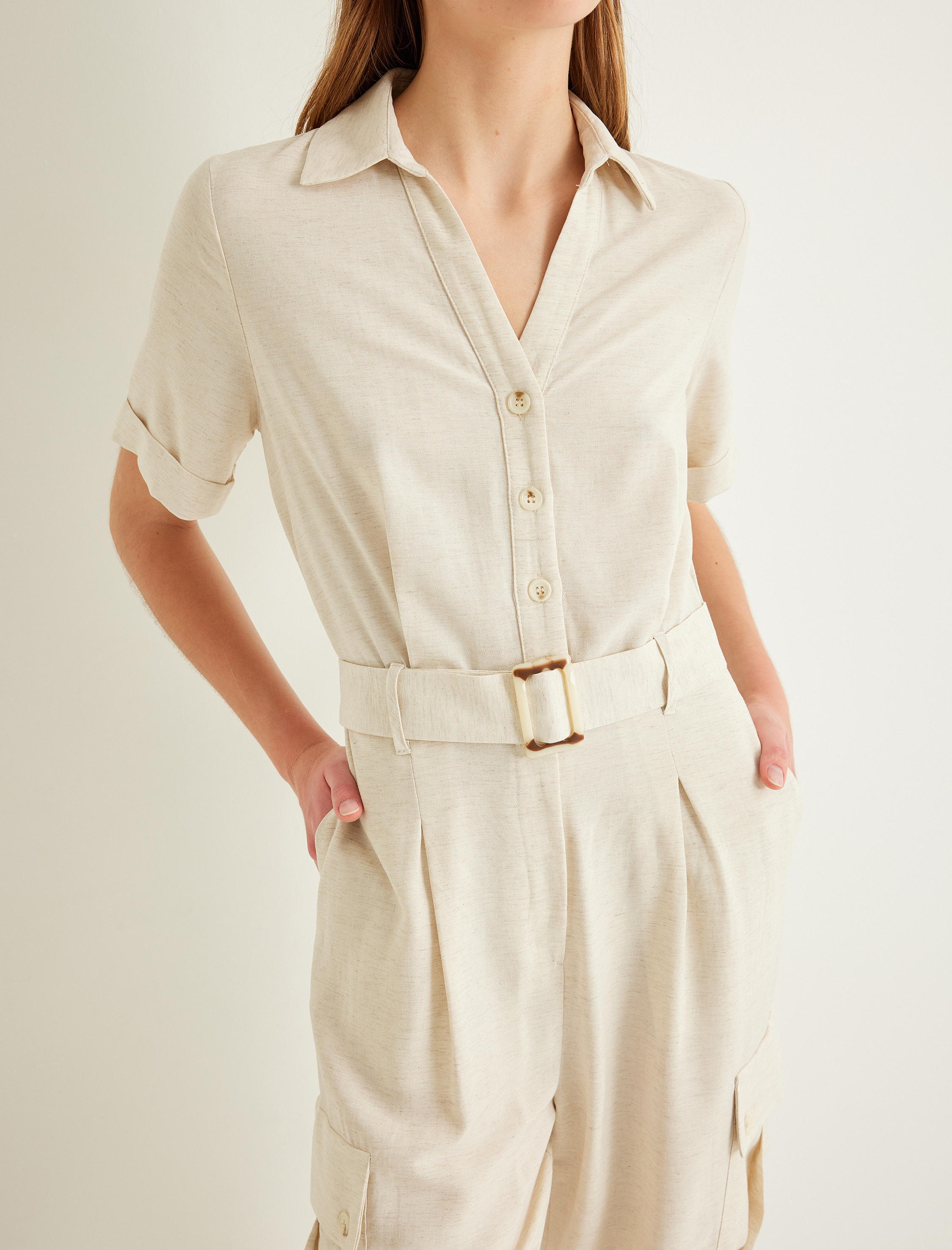   Keten Tulum Kargo Cepli Kemerli Kısa Kollu Gömlek Yaka