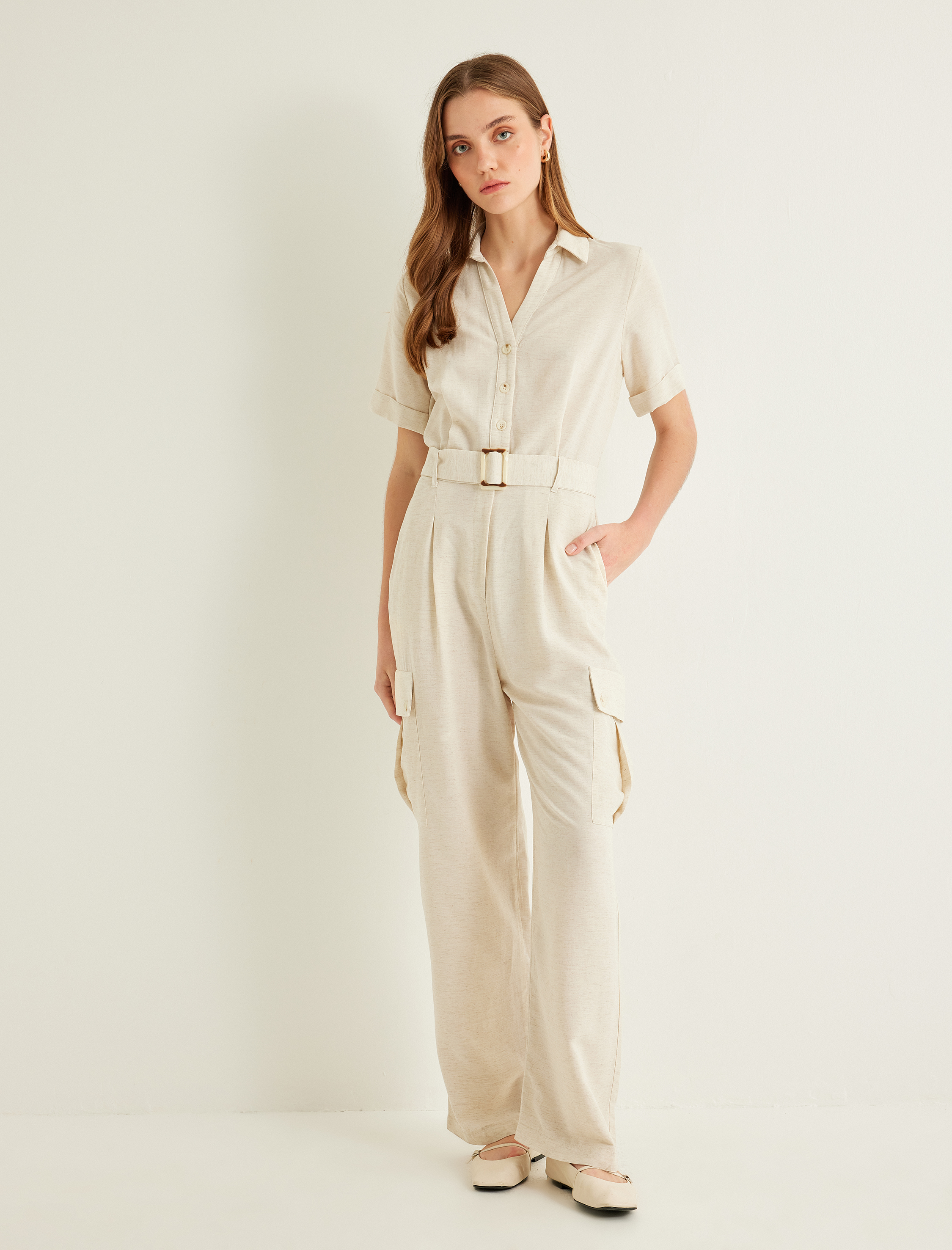   Keten Tulum Kargo Cepli Kemerli Kısa Kollu Gömlek Yaka