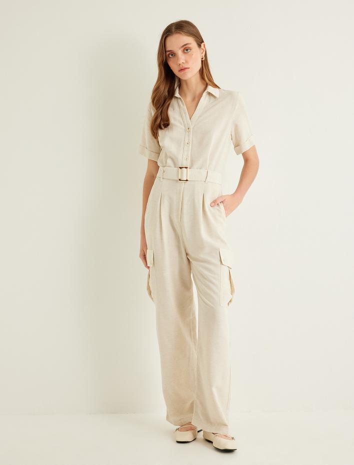  Keten Tulum Kargo Cepli Kemerli Kısa Kollu Gömlek Yaka