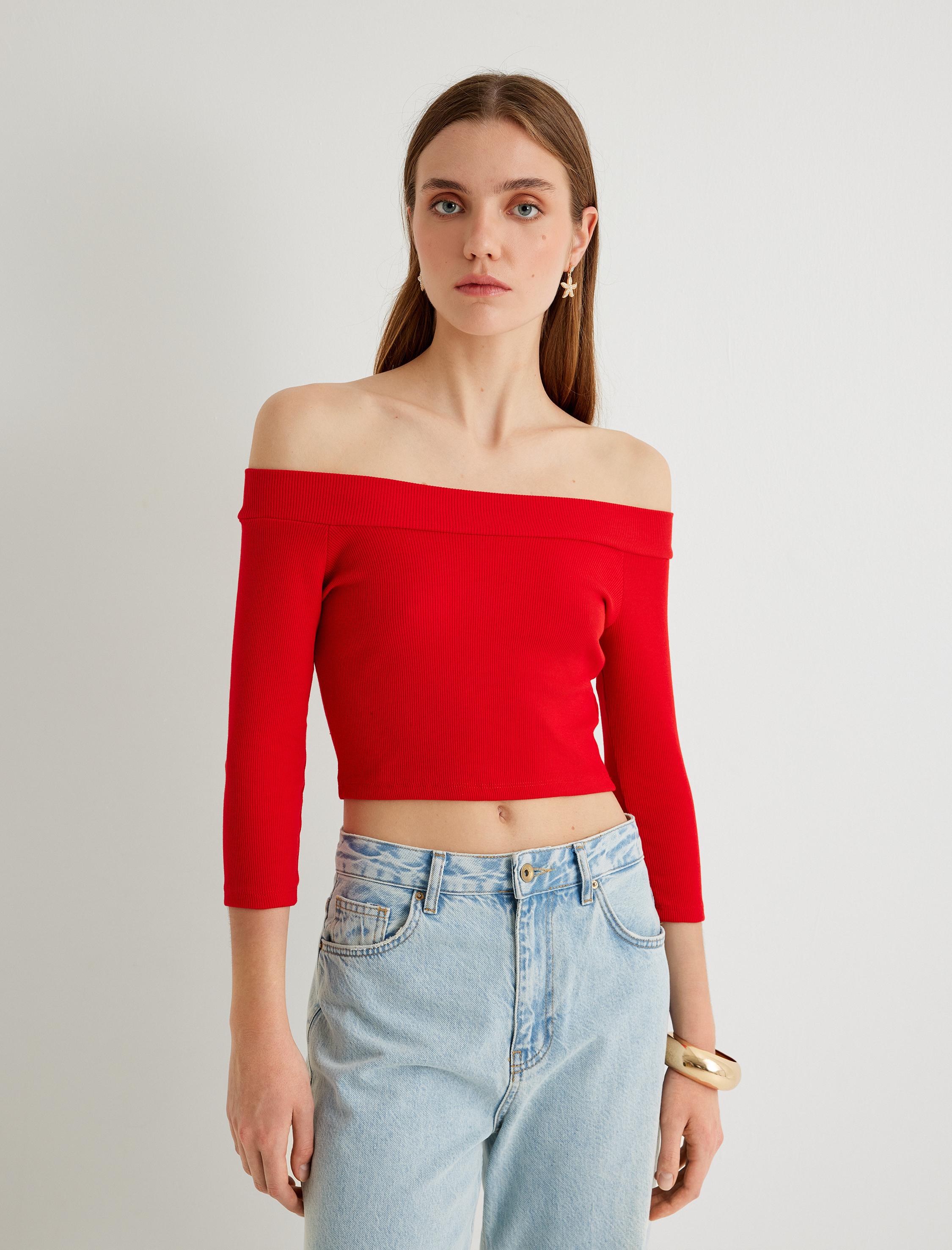   Omzu Açık Crop Tişört Dirsek Boy Kol Pamuklu Slim Fit