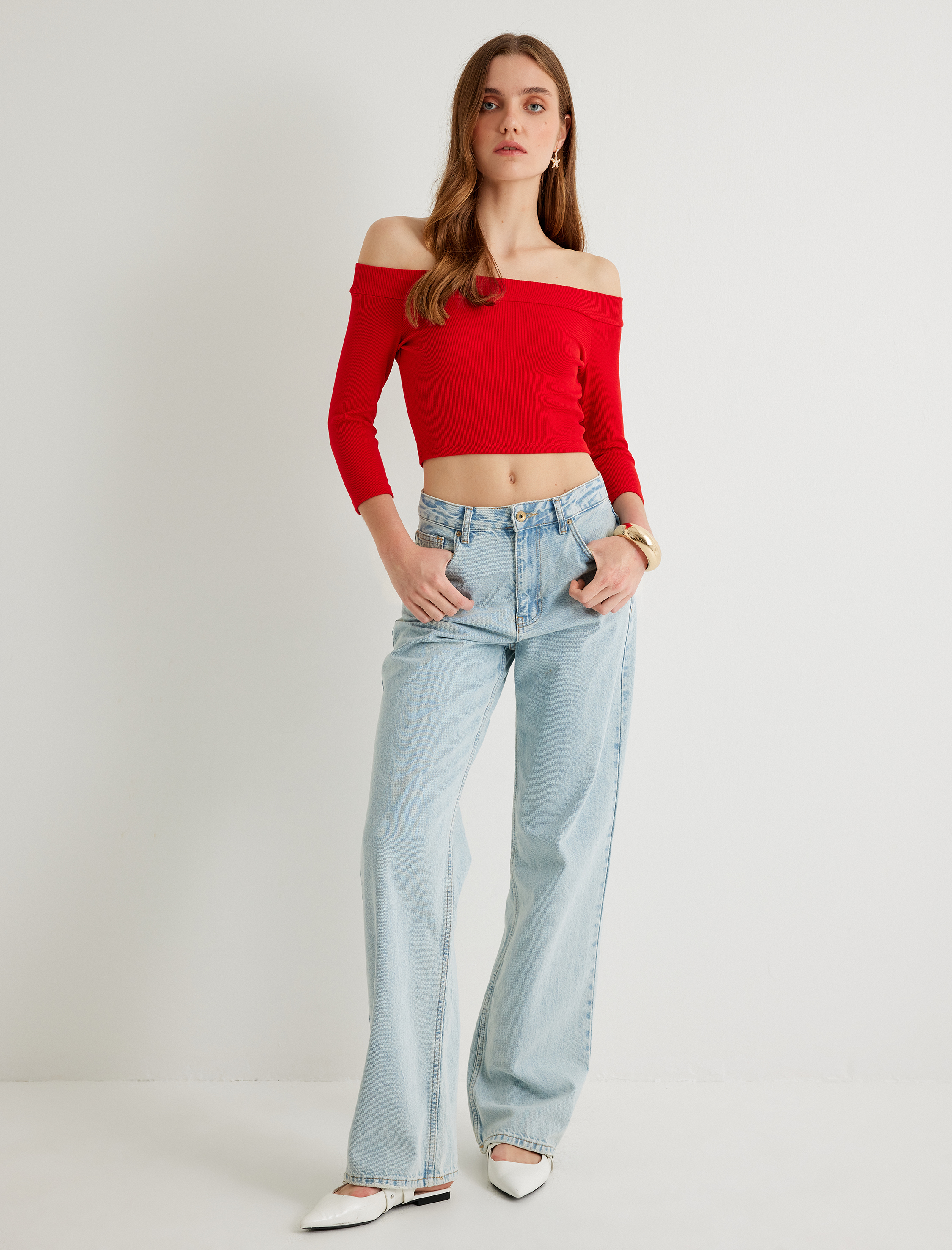   Omzu Açık Crop Tişört Dirsek Boy Kol Pamuklu Slim Fit