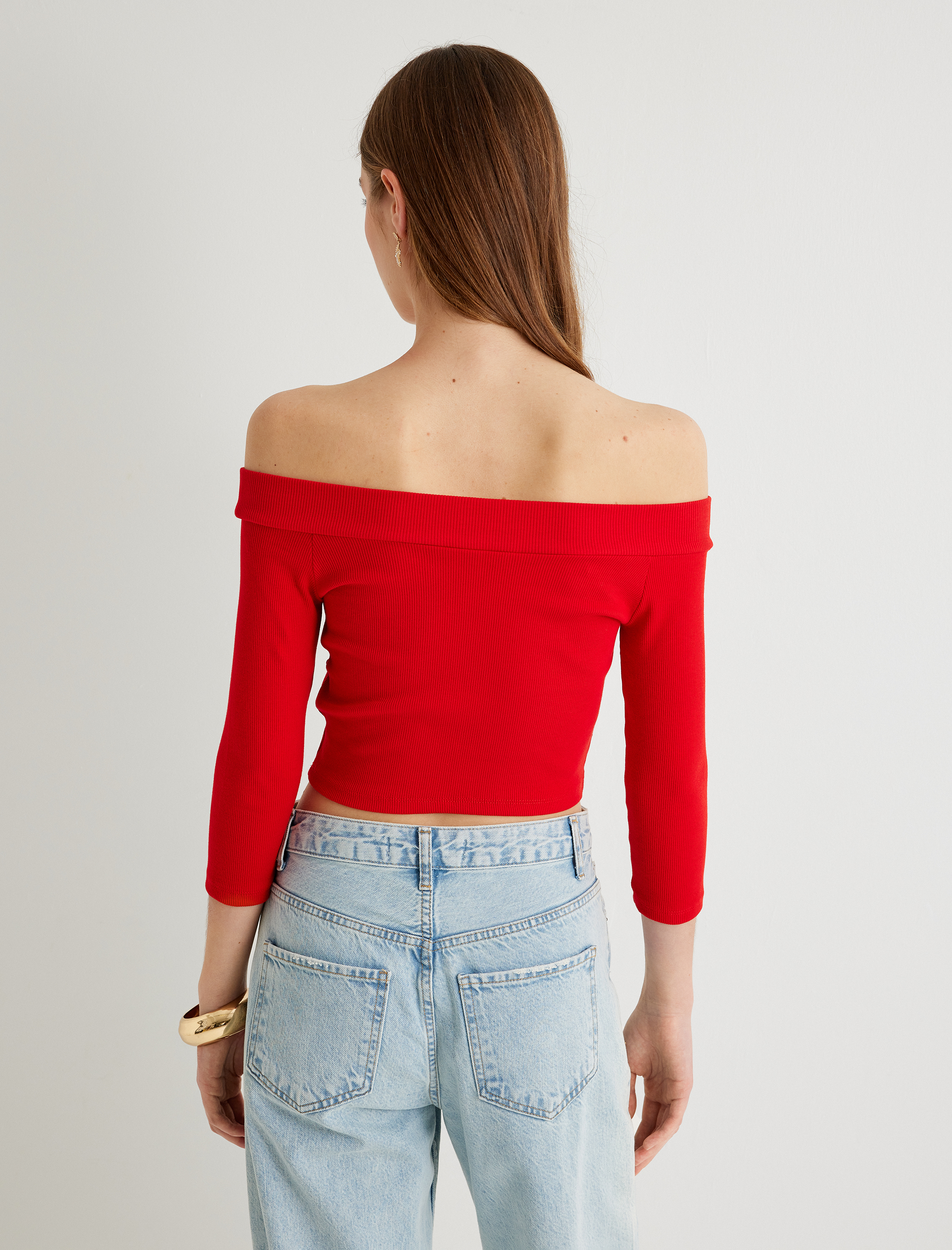   Omzu Açık Crop Tişört Dirsek Boy Kol Pamuklu Slim Fit