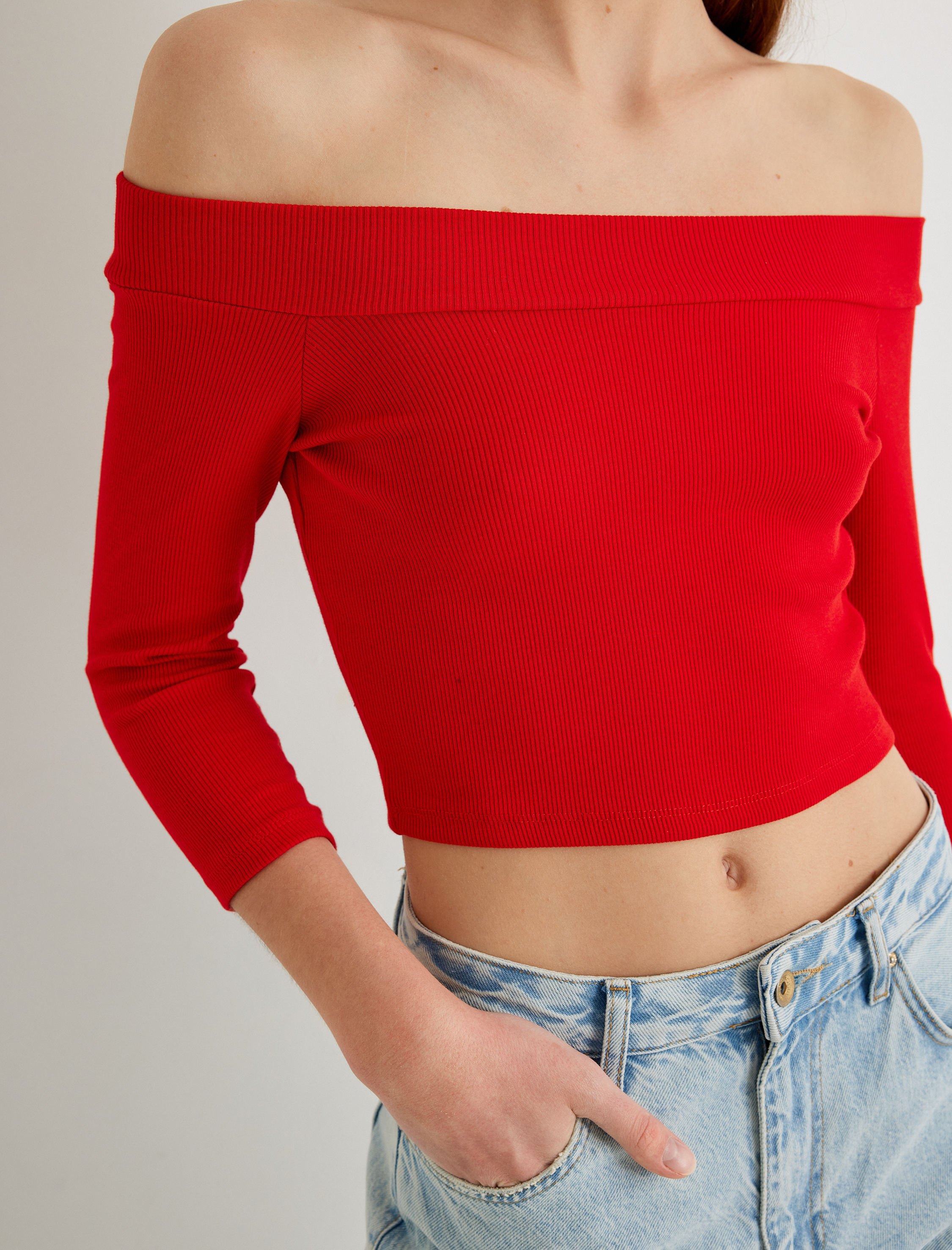   Omzu Açık Crop Tişört Dirsek Boy Kol Pamuklu Slim Fit