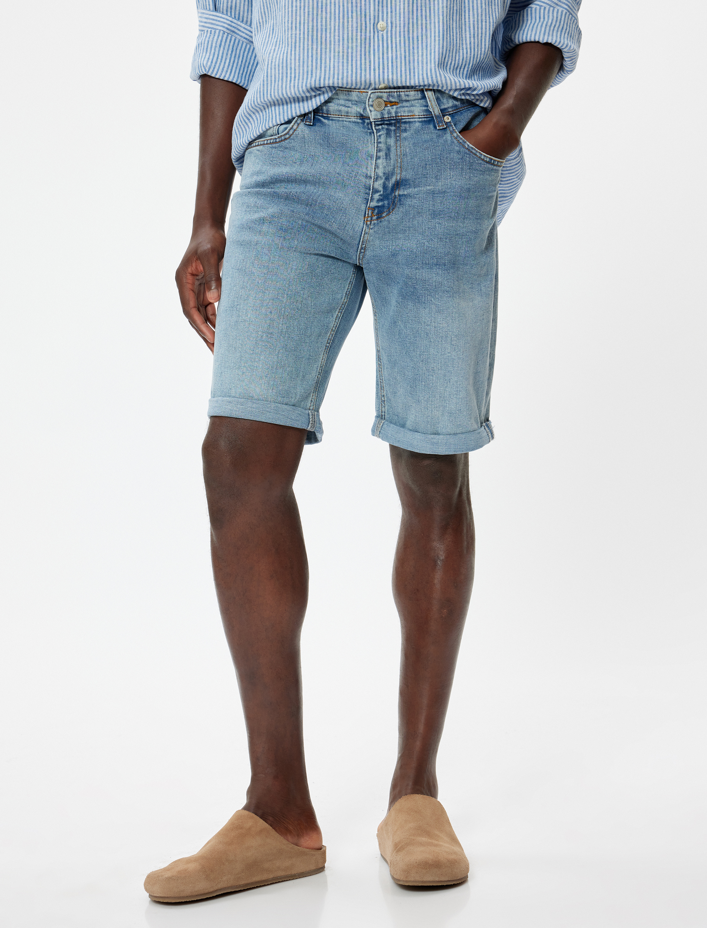   Slim Fit Kot Şort Bermuda Cep Detaylı Pamuklu