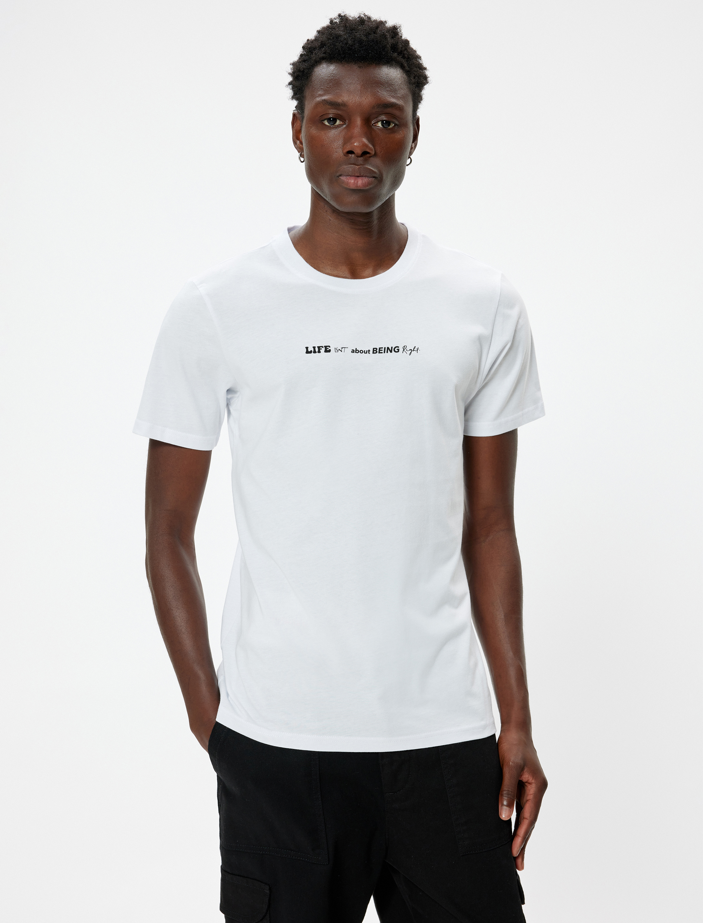   Slim Fit Tişört Slogan Baskılı Kısa Kollu Bisiklet Yaka Pamuklu