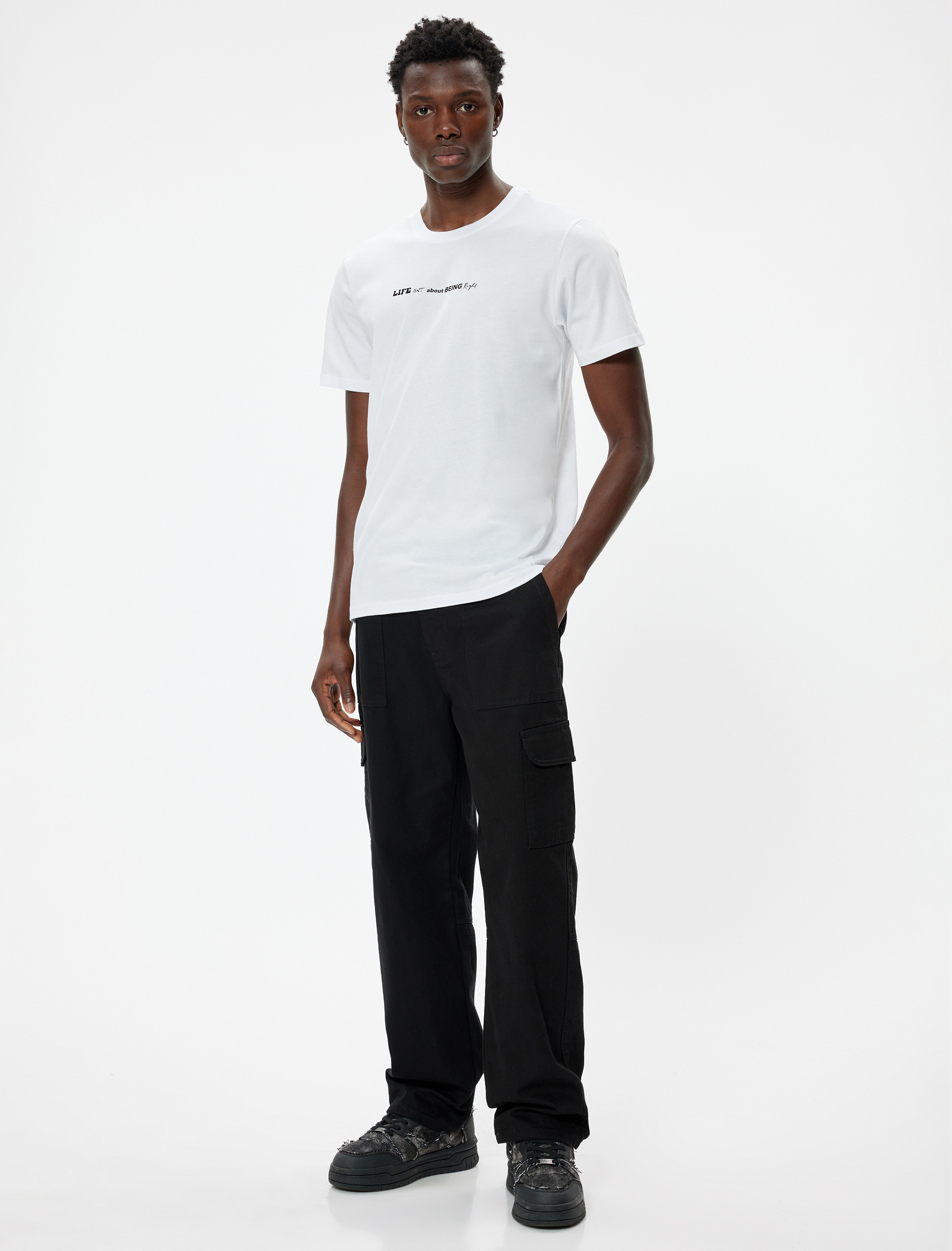   Slim Fit Tişört Slogan Baskılı Kısa Kollu Bisiklet Yaka Pamuklu