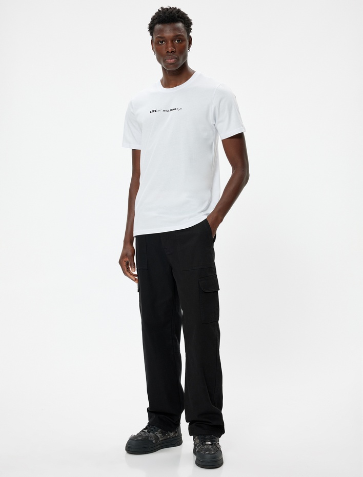  Slim Fit Tişört Slogan Baskılı Kısa Kollu Bisiklet Yaka Pamuklu