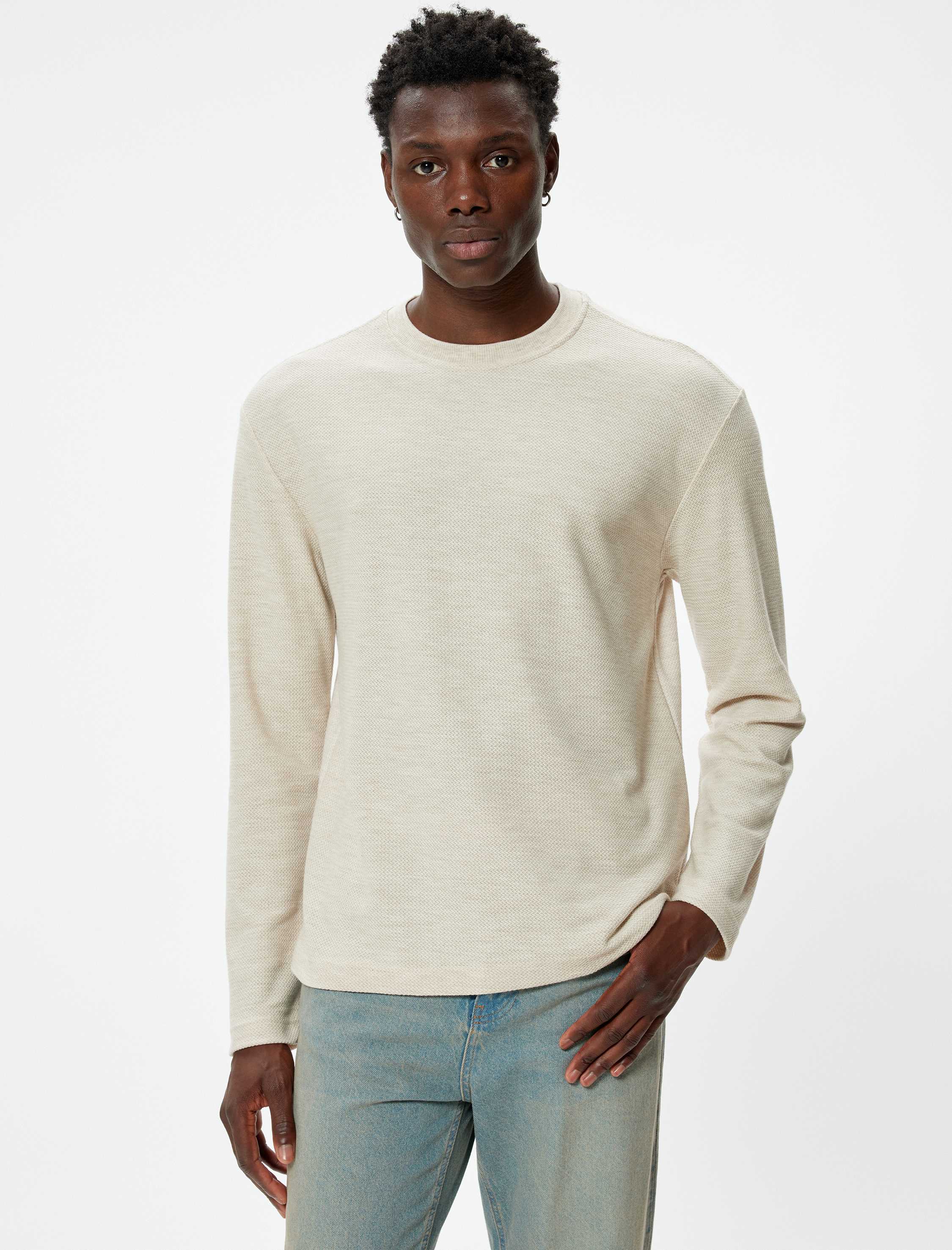   Basic Kazak Bisiklet Yaka Uzun Kollu Pamuk Karışımlı