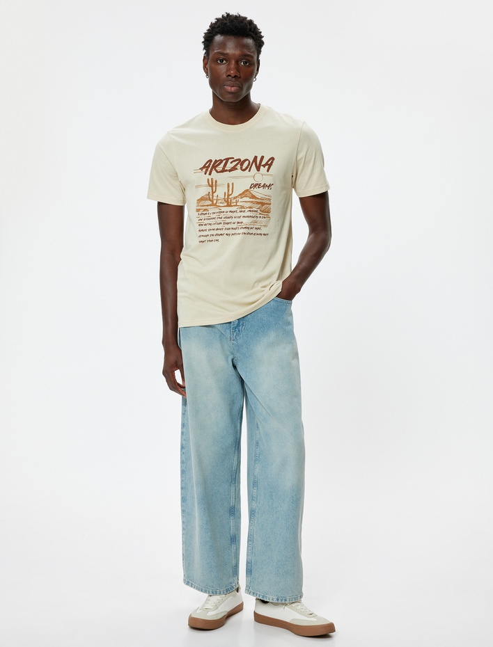  Slim Fit Tişört Slogan Baskılı Kısa Kollu Bisiklet Yaka Pamuklu