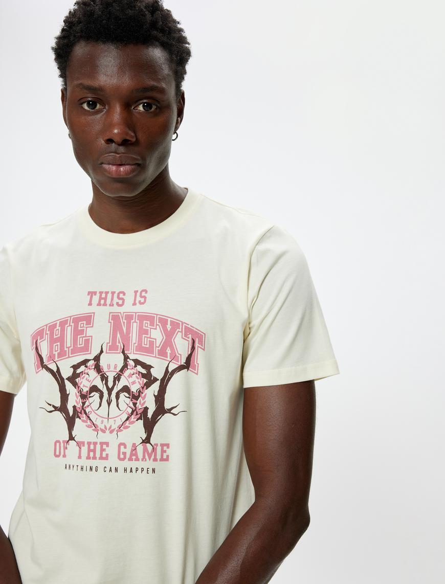   Slim Fit Tişört Slogan Baskılı Kısa Kollu Bisiklet Yaka Pamuklu