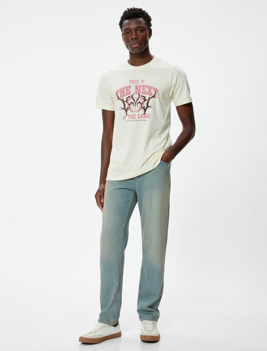   Slim Fit Tişört Slogan Baskılı Kısa Kollu Bisiklet Yaka Pamuklu