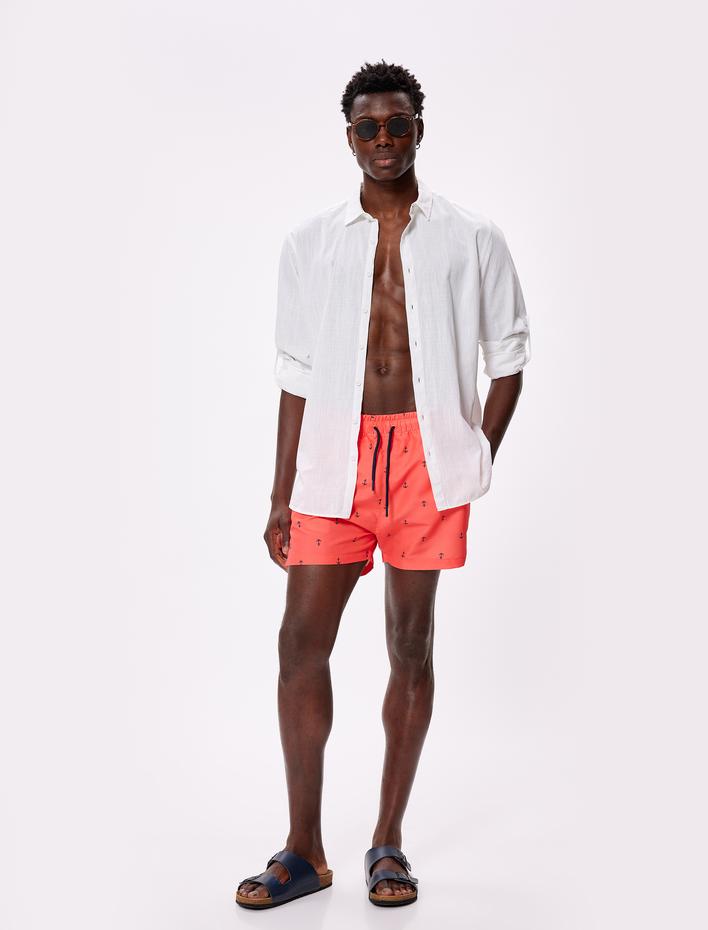  Deniz Şortu Oversize Beli Lastikli Çapa Baskılı