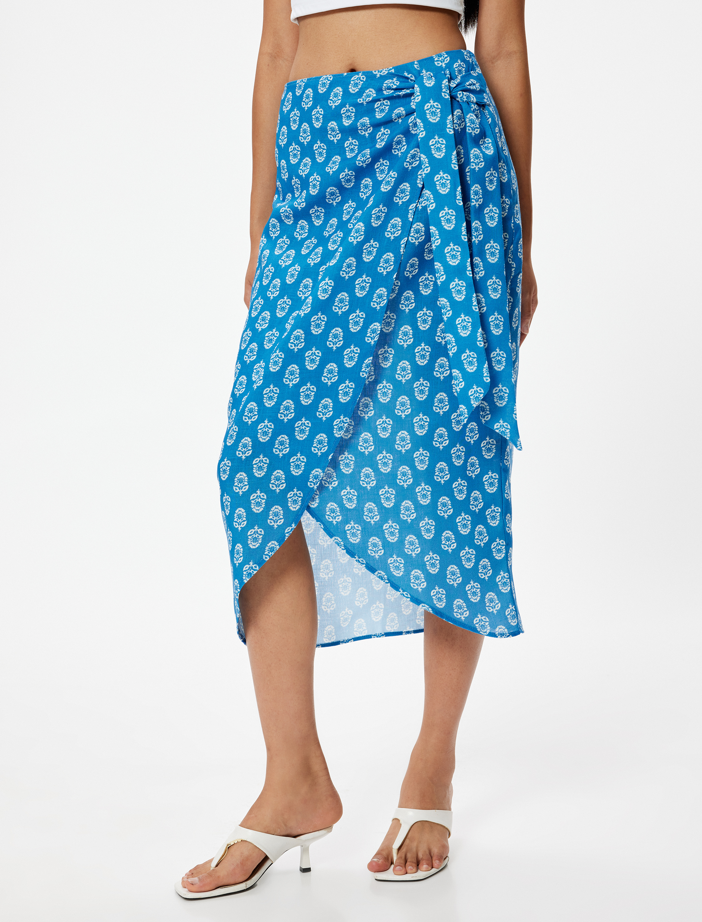   Midi Boy Kruvaze Etek Bağlama Detaylı Etnik Desenli