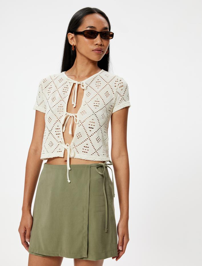  Mini Kruvaze Şort Etek Bağlama Detaylı Viskoz Kumaş