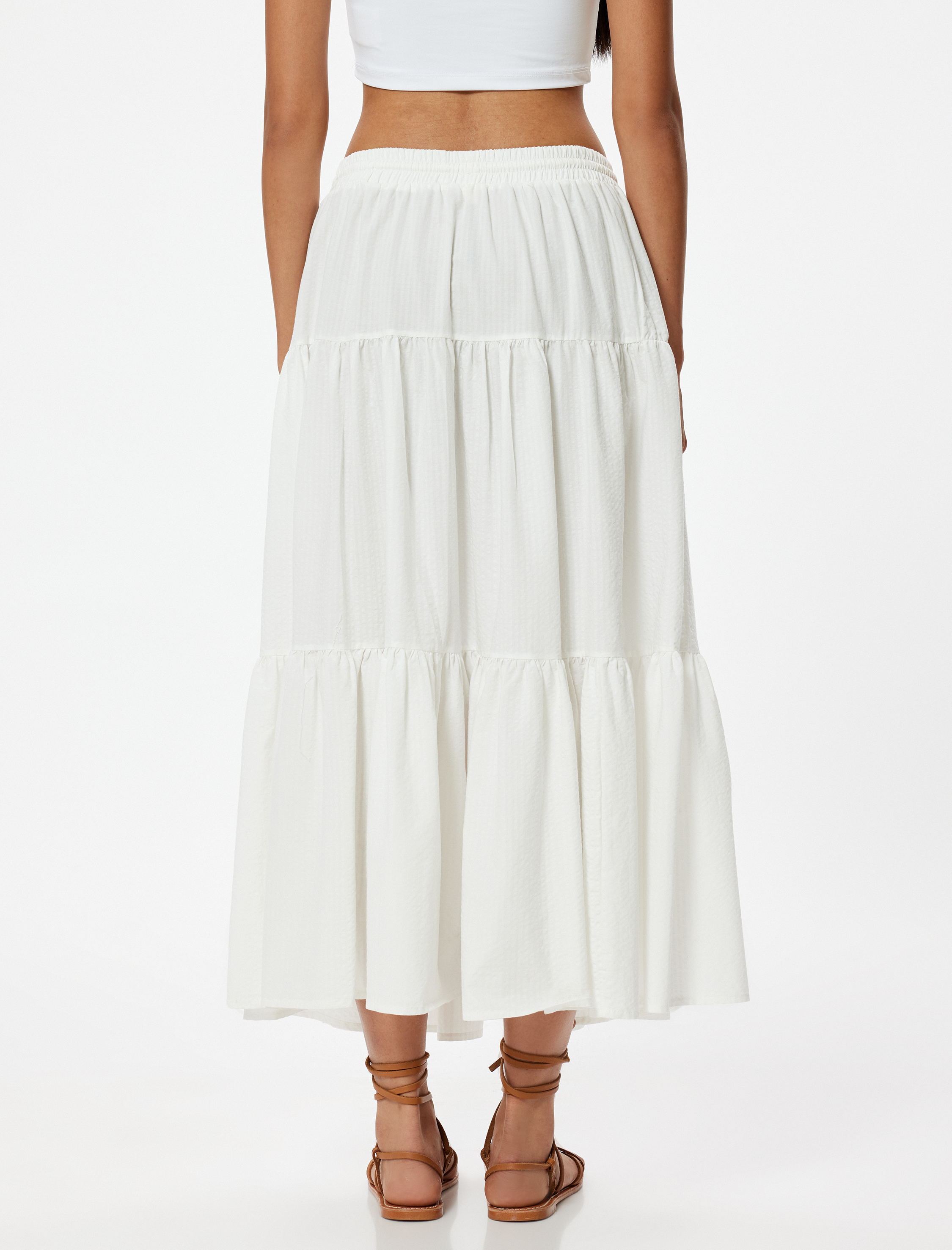 Midi Boy Kloş Etek Yırtmaç Detaylı Katlı Pamuklu