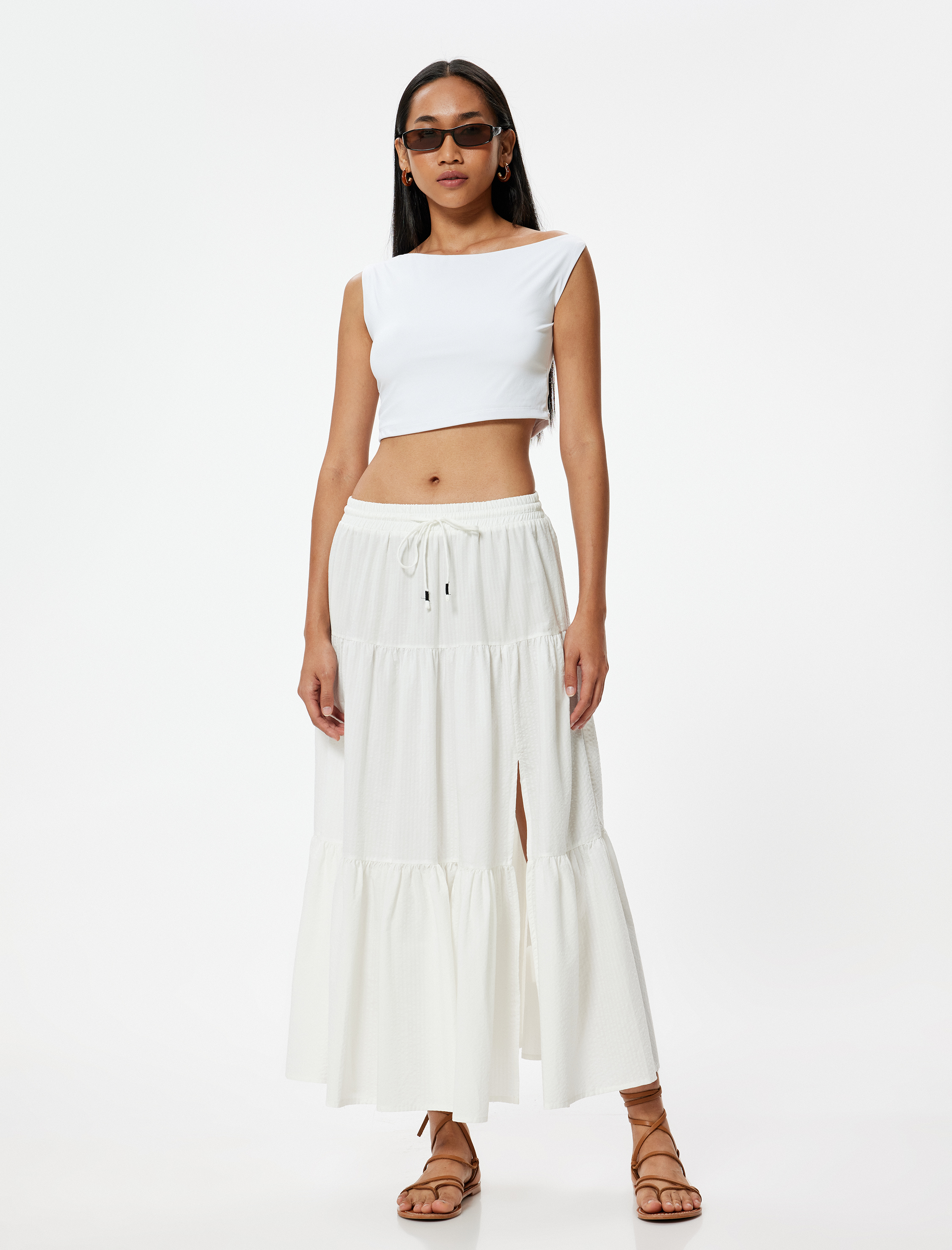 Midi Boy Kloş Etek Yırtmaç Detaylı Katlı Pamuklu