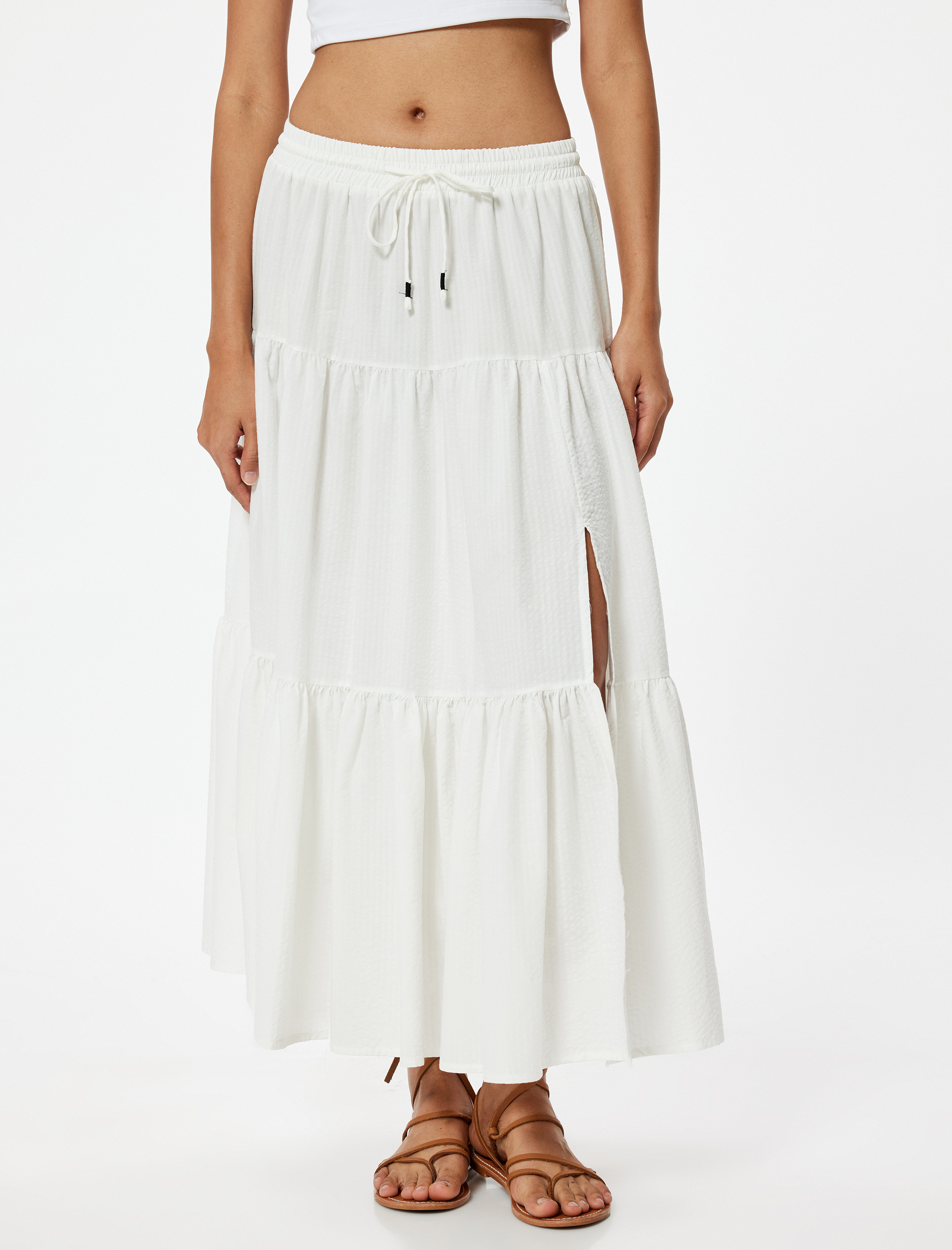 Midi Boy Kloş Etek Yırtmaç Detaylı Katlı Pamuklu