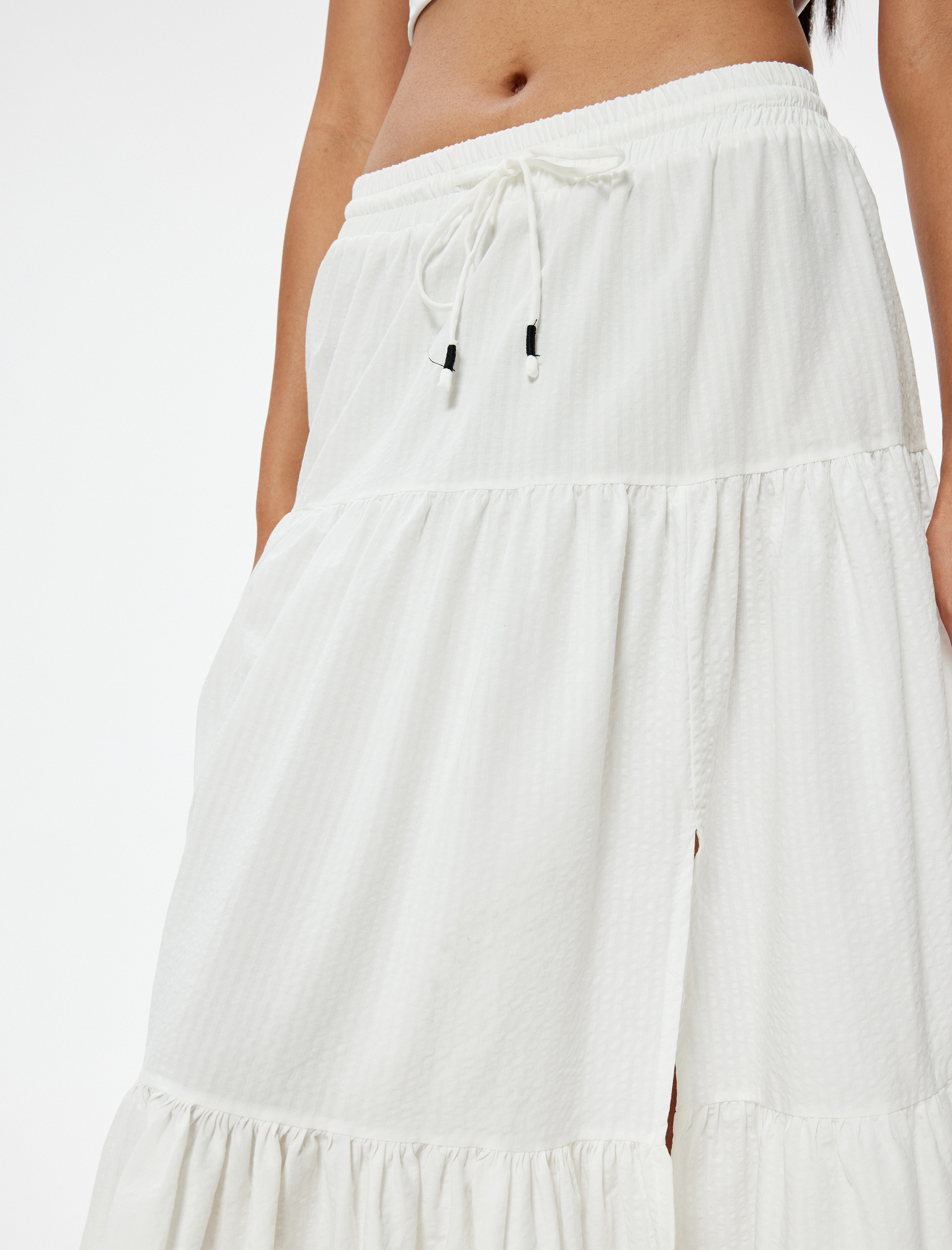 Midi Boy Kloş Etek Yırtmaç Detaylı Katlı Pamuklu