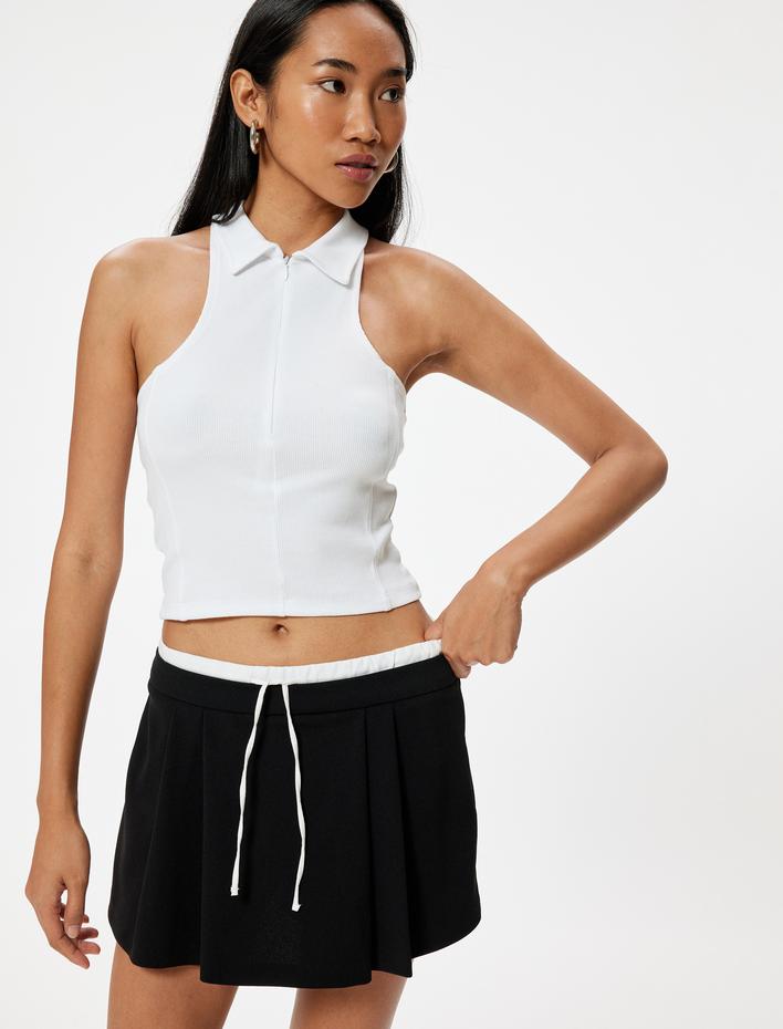  Polo Halter Yaka Üst Crop Fitilli Pamuklu