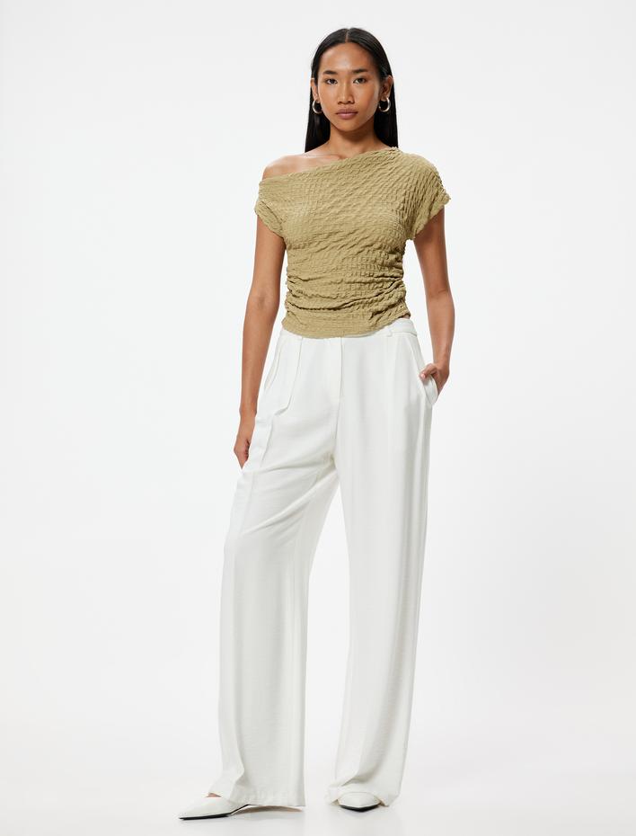  Tek Omuz Bluz Asimetrik Kesim Dokulu Kap Kol