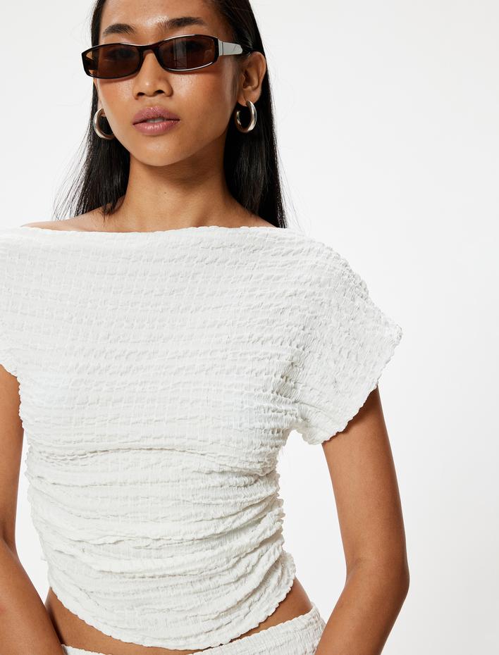  Tek Omuz Bluz Asimetrik Kesim Dokulu Kap Kol