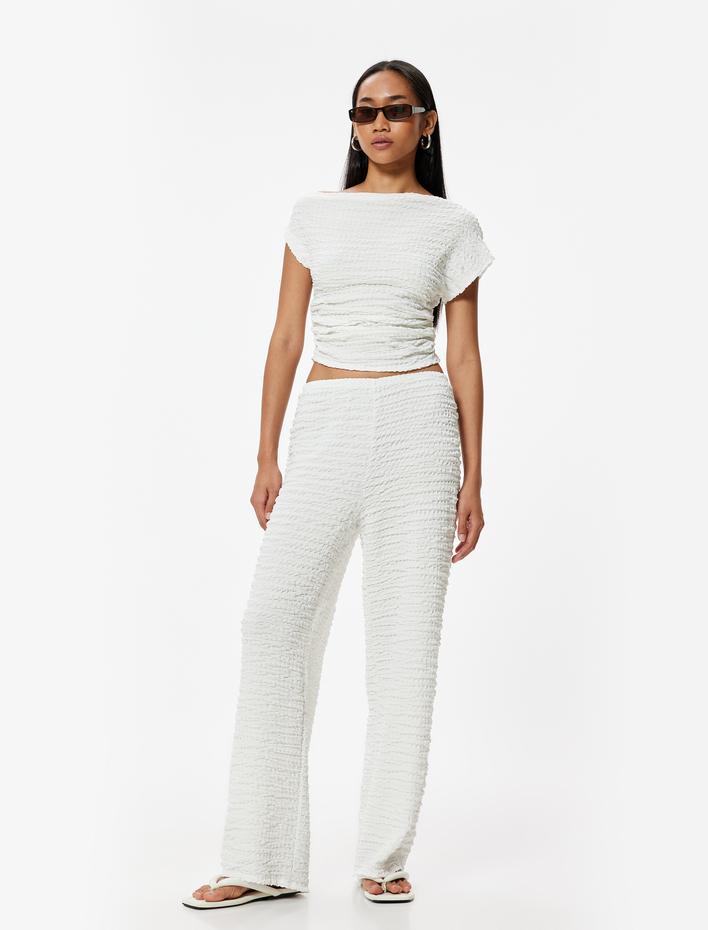  Tek Omuz Bluz Asimetrik Kesim Dokulu Kap Kol