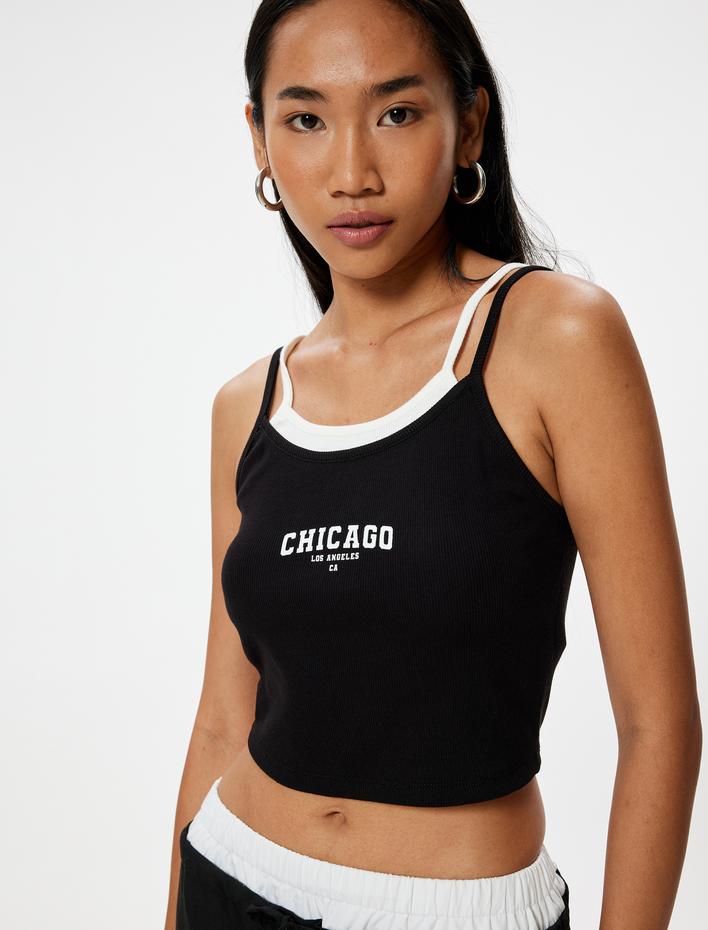  Askılı Çift Yaka Üst Crop Baskılı Fitilli Pamuklu Skinny Fit