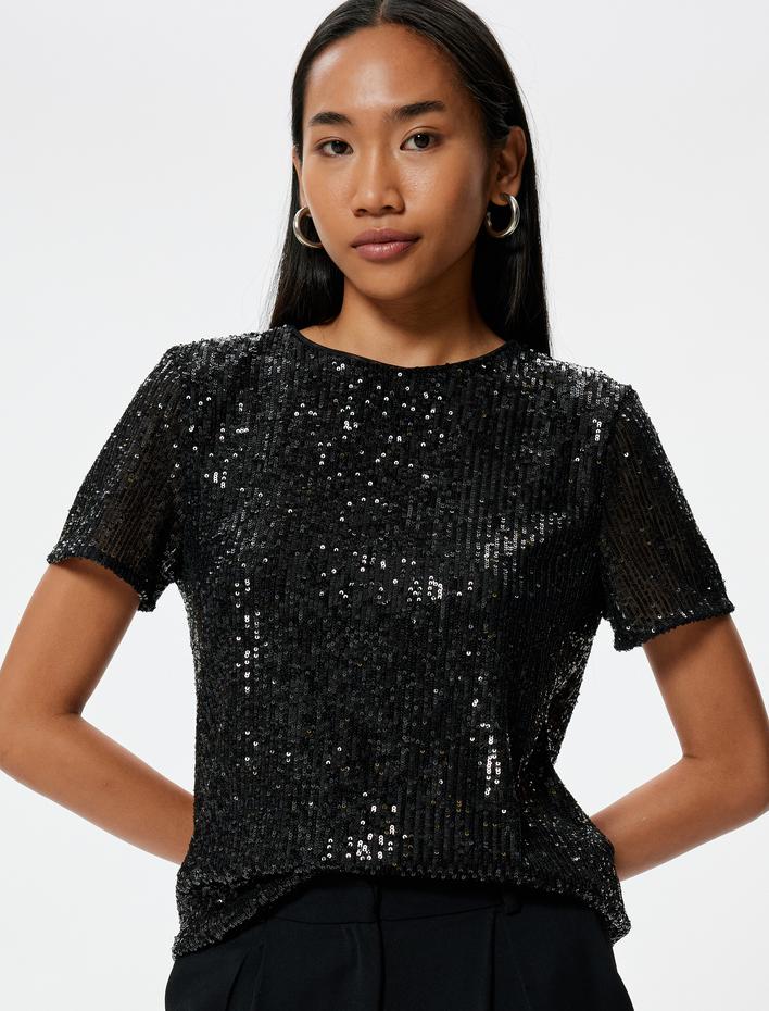  Abiye Bluz Pullu Payetli Kısa Kollu Bisiklet Yaka