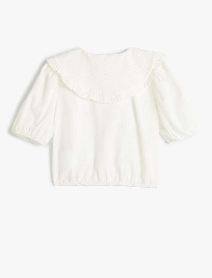 Kız Çocuk Crop Gömlek Geniş Bebe Yaka Kısa Balon Kollu Pamuklu