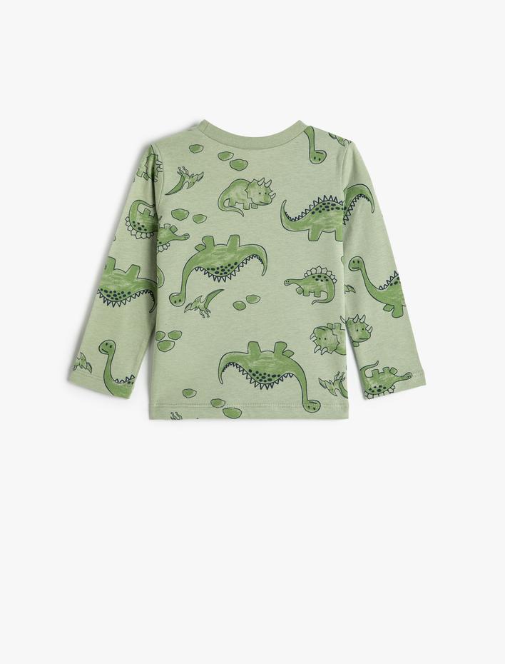 Erkek Bebek Dinozor Baskılı Uzun Kollu Bisiklet Yaka Tişört