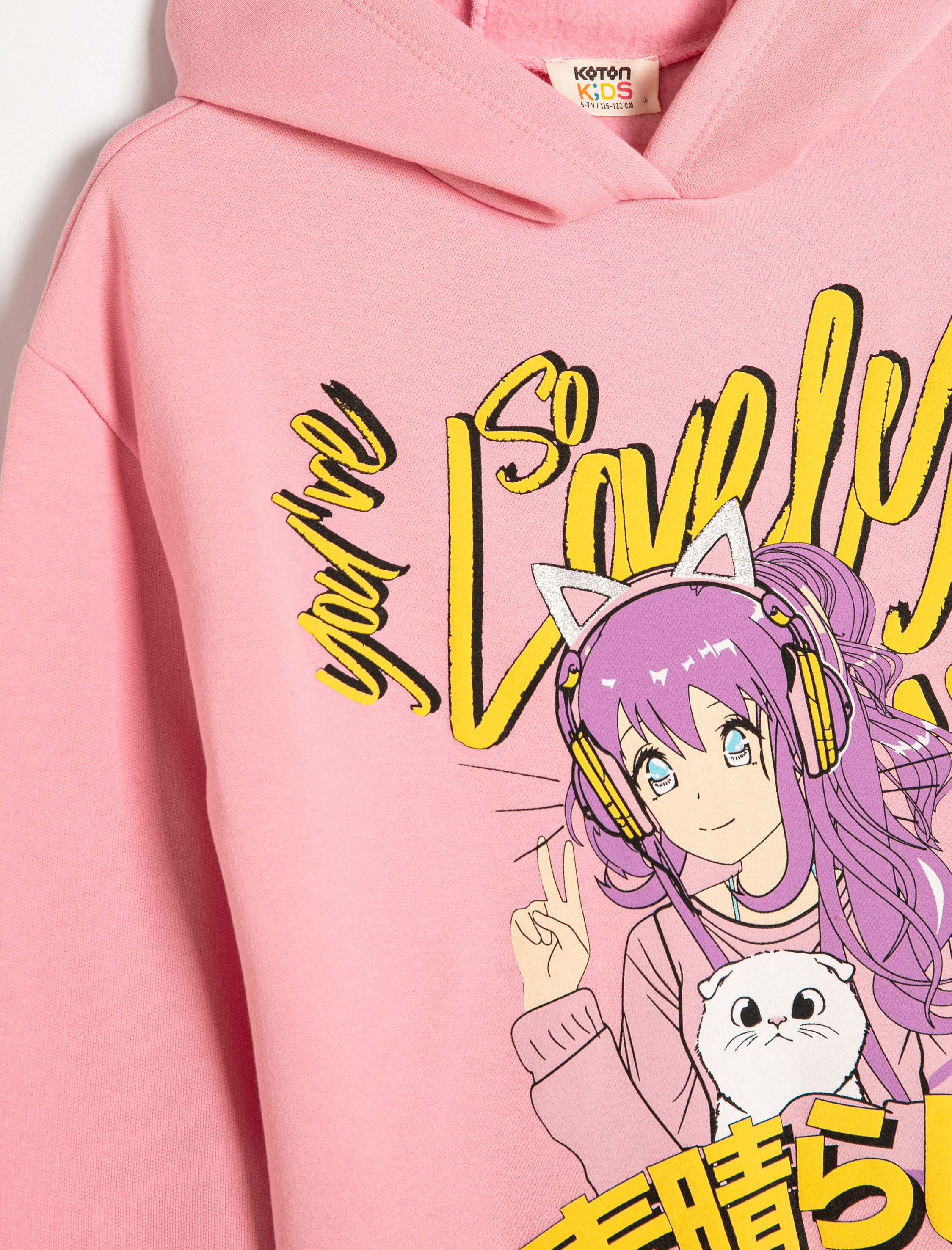 Kız Çocuk Oversize Kapşonlu Sweatshirt Anime Baskılı Uzun Kollu Şardonlu