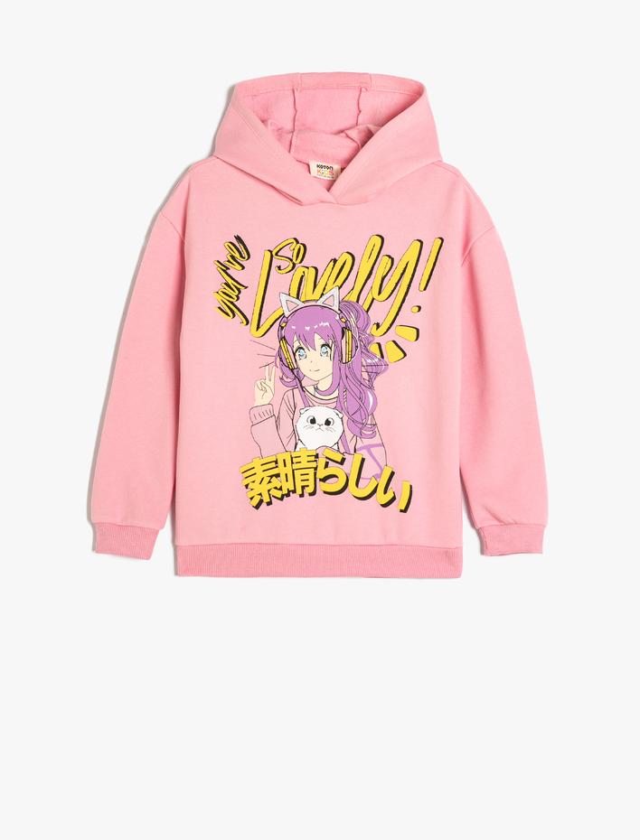 Kız Çocuk Oversize Kapşonlu Sweatshirt Anime Baskılı Uzun Kollu Şardonlu