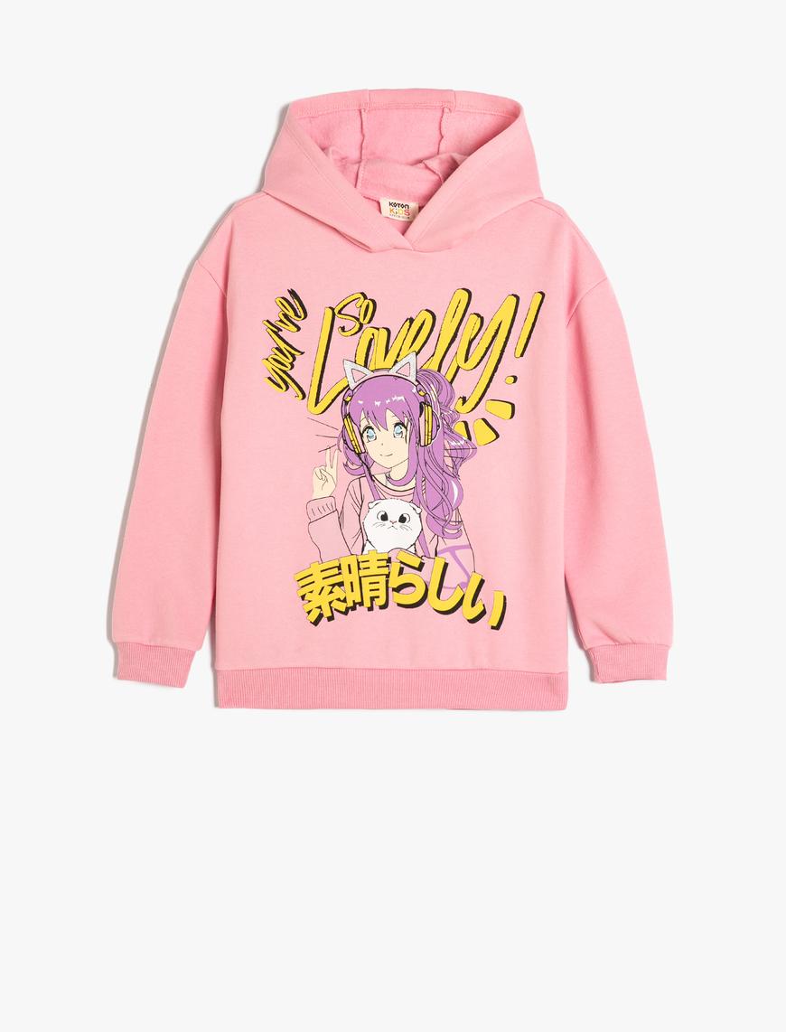  Kız Çocuk Oversize Kapşonlu Sweatshirt Anime Baskılı Uzun Kollu