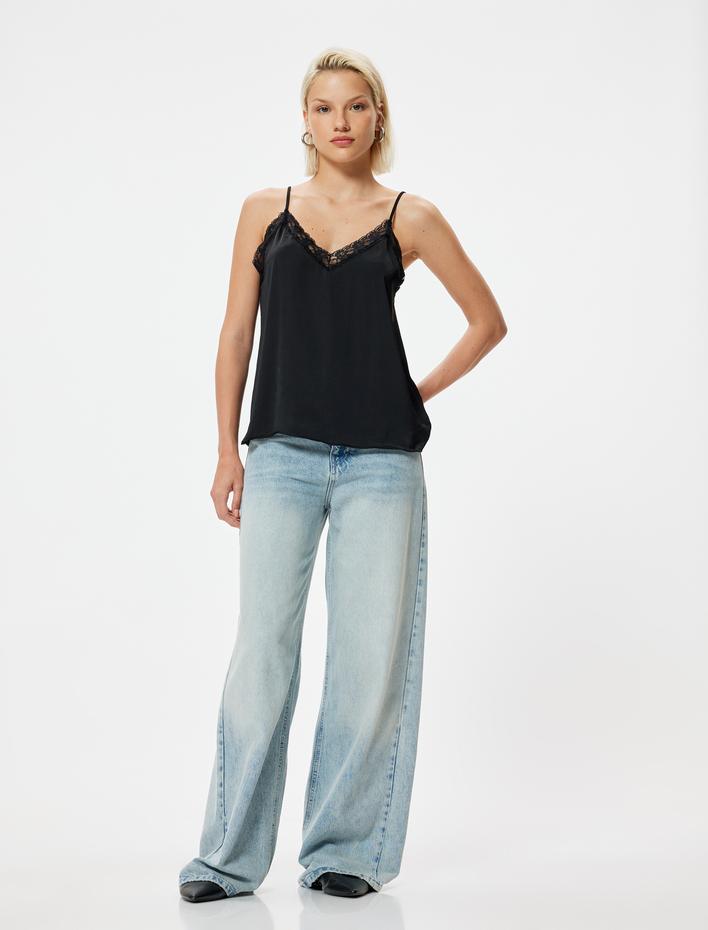  Saten Atlet Dantel Detaylı İnce Askılı Bol Kalıp Aerobin Kumaş