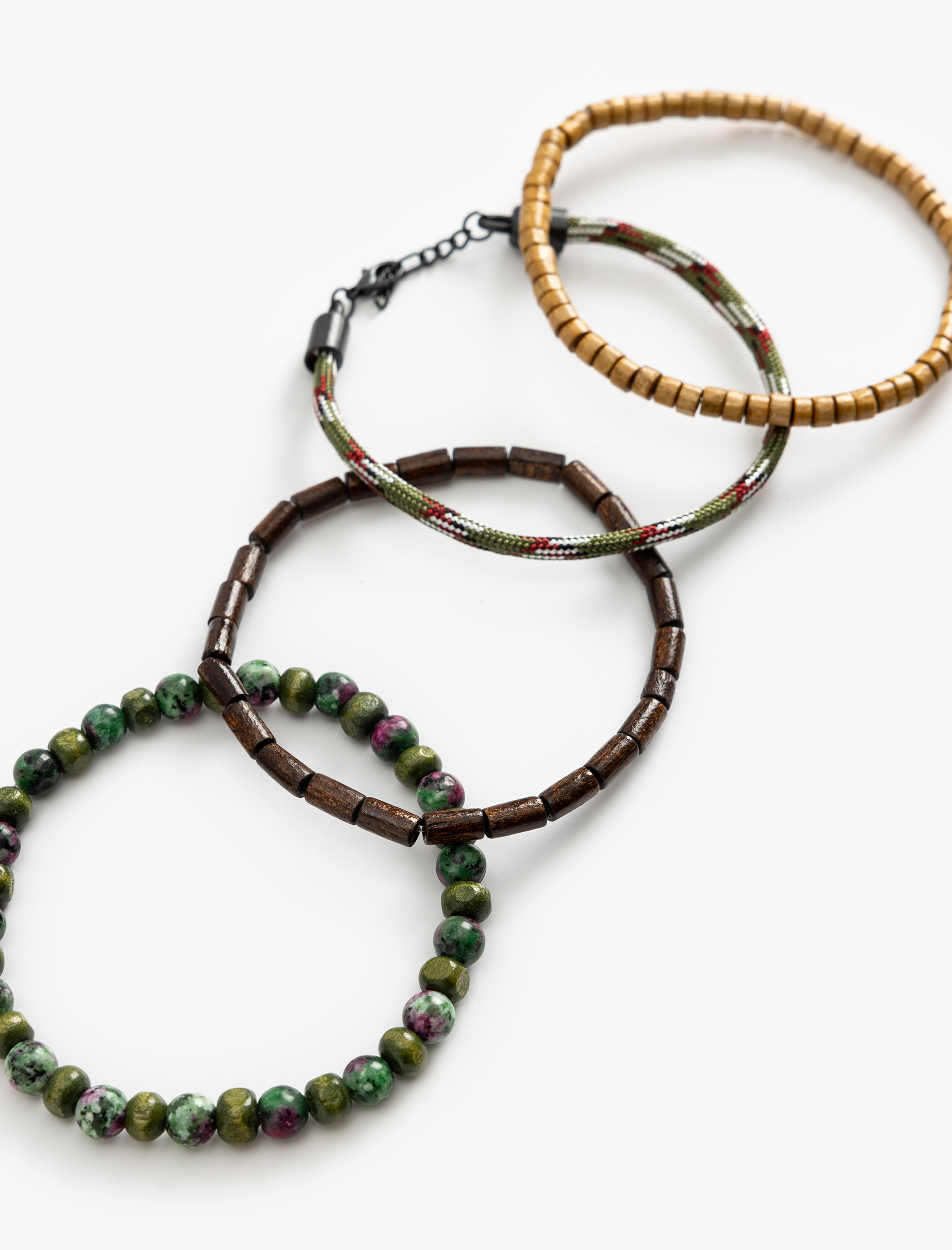  Erkek Bileklik Seti 4'lü Ahşap Boncuklu Çok Renkli