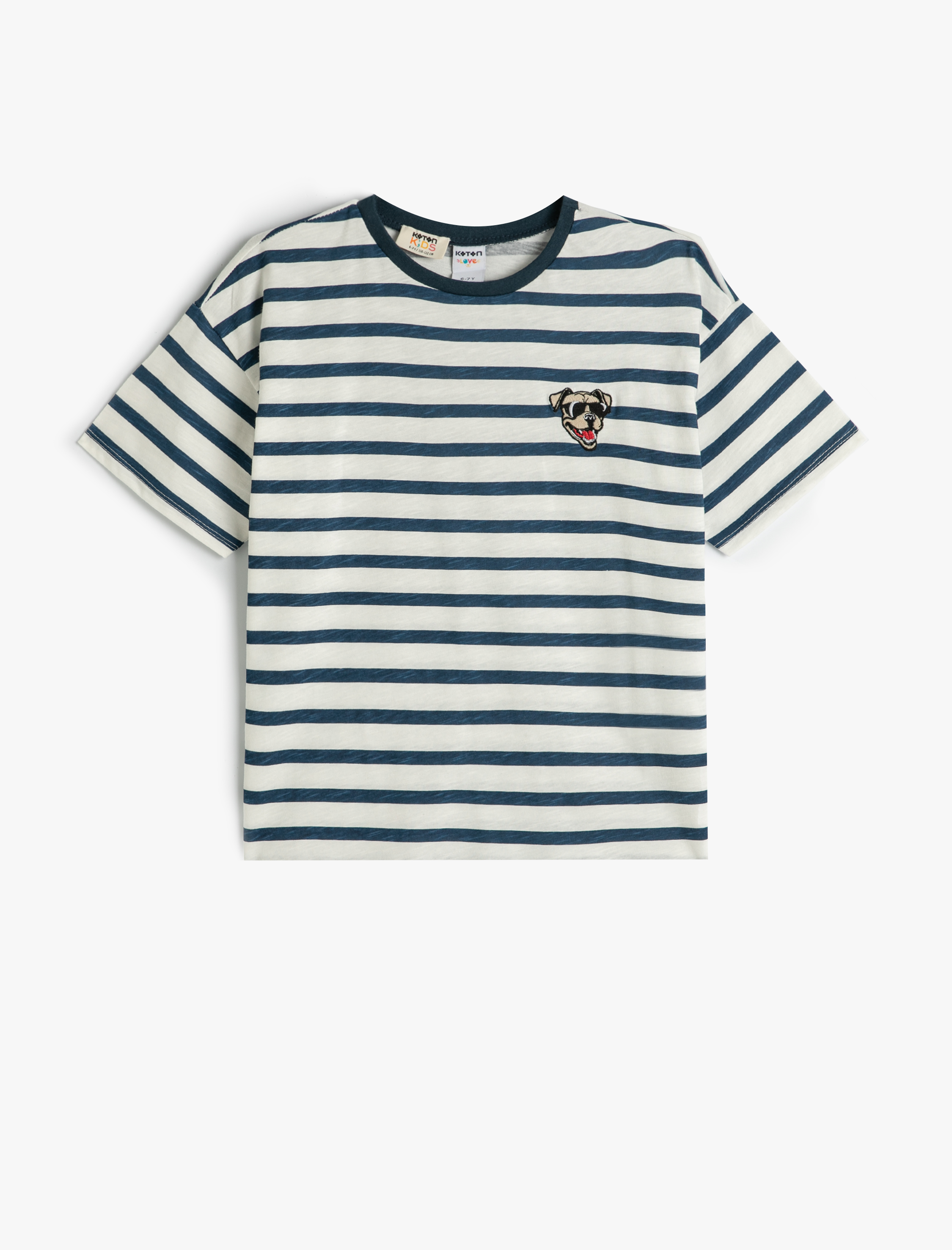Koton Oversize T-Shirt Çizgili Köpek İşlemeli Kısa Kollu Bisiklet Yaka