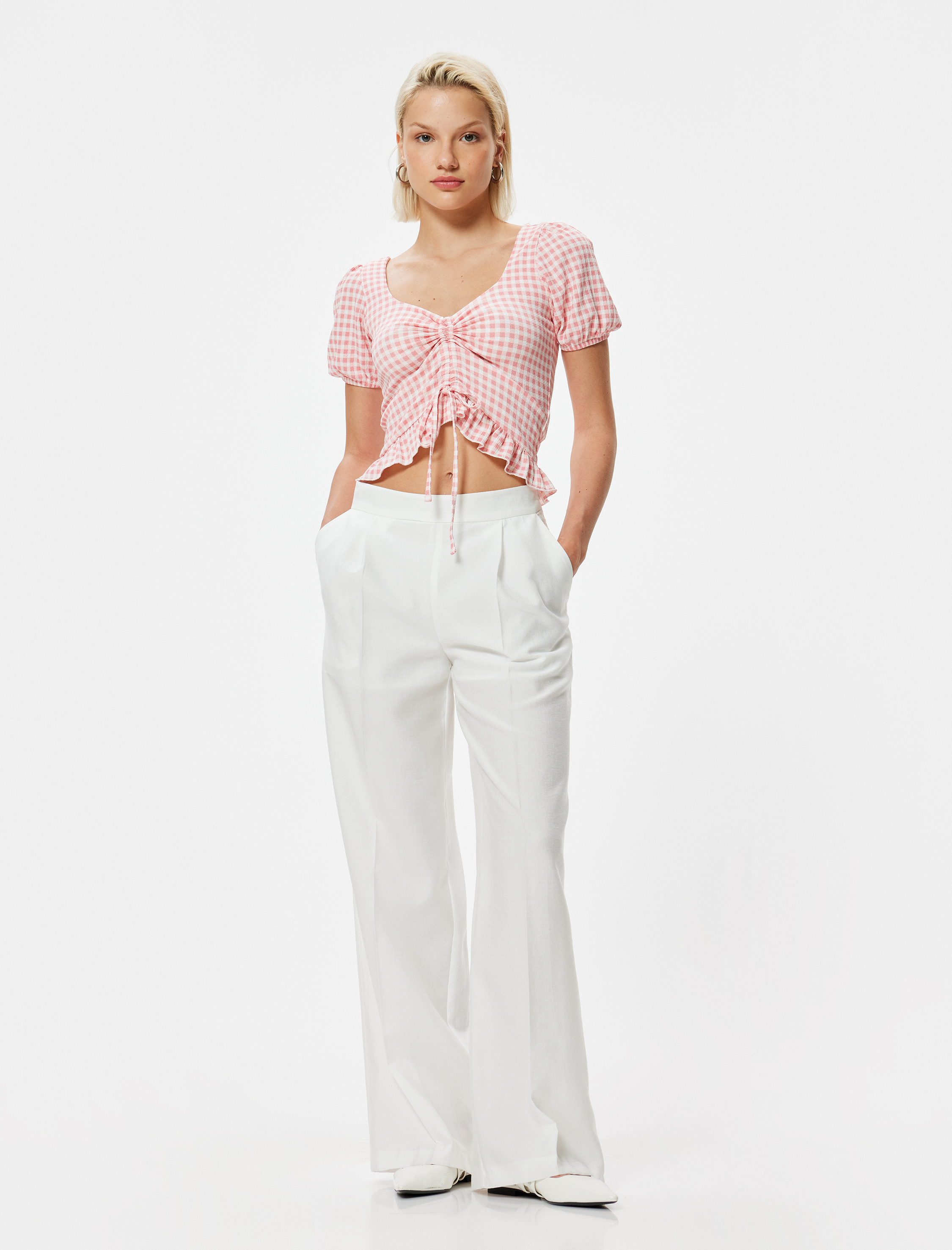   Pötikareli Peplum Tişört Crop Fiyonk Detaylı Fırfırlı Slim Fit