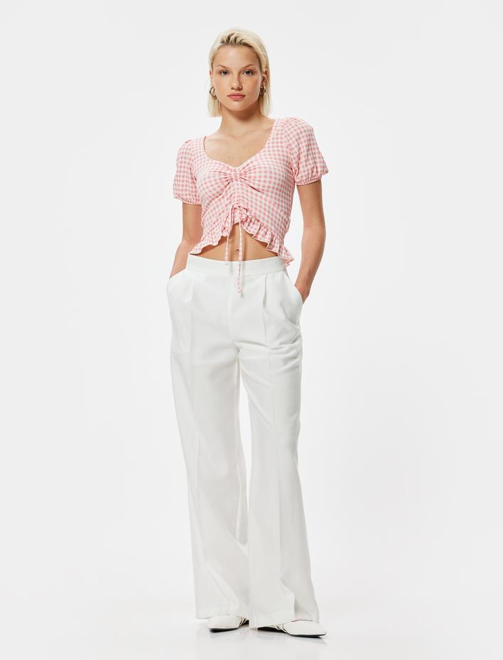  Pötikareli Peplum Tişört Crop Fiyonk Detaylı Fırfırlı Slim Fit