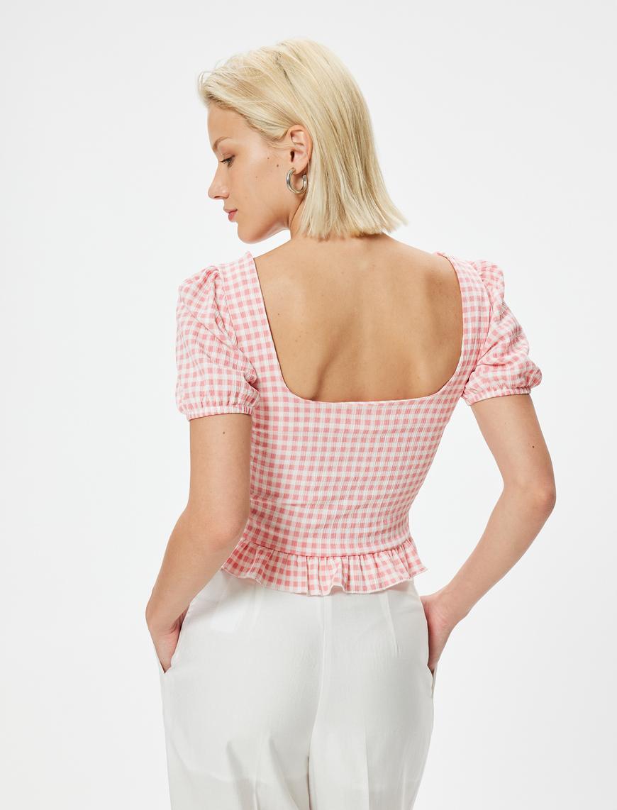   Pötikare Peplum Tişört Crop Fiyonk Detaylı Fırfırlı Slim Fit