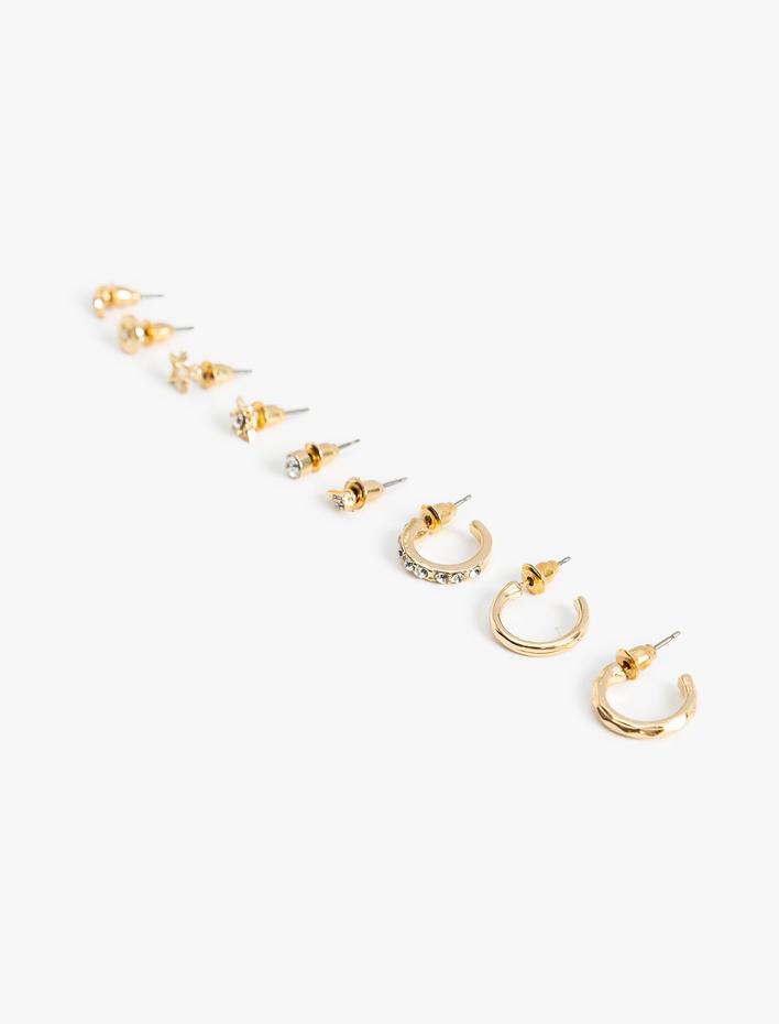 Kadın Taş Detaylı 9'lu Top ve Halka Küpe Seti