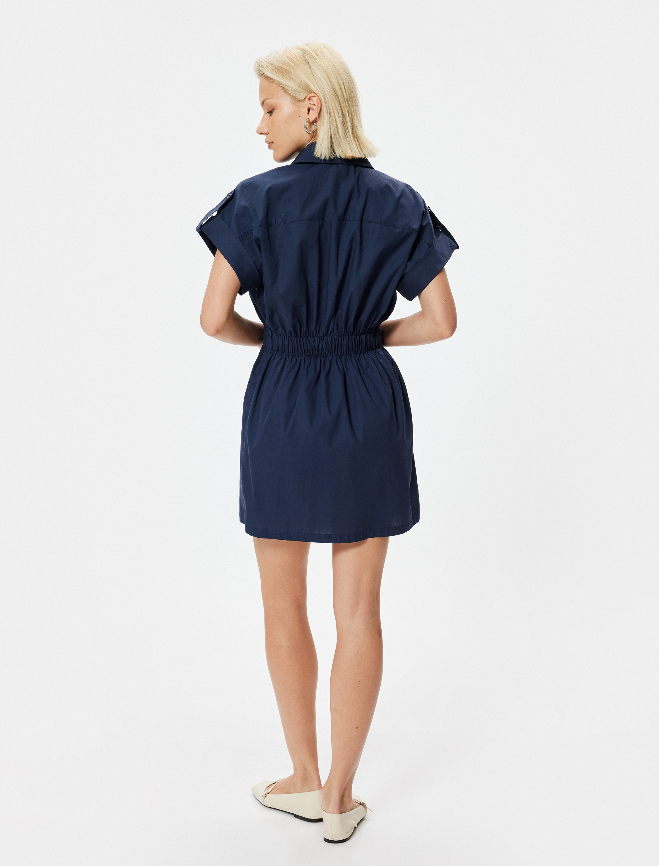   Mini Gömlek Elbise Kısa Kollu Cepli Rahat Kalıp