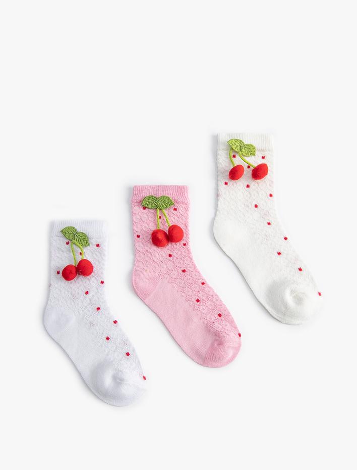 Kız Bebek 3'lü Kiraz Aplikeli Çorap Seti