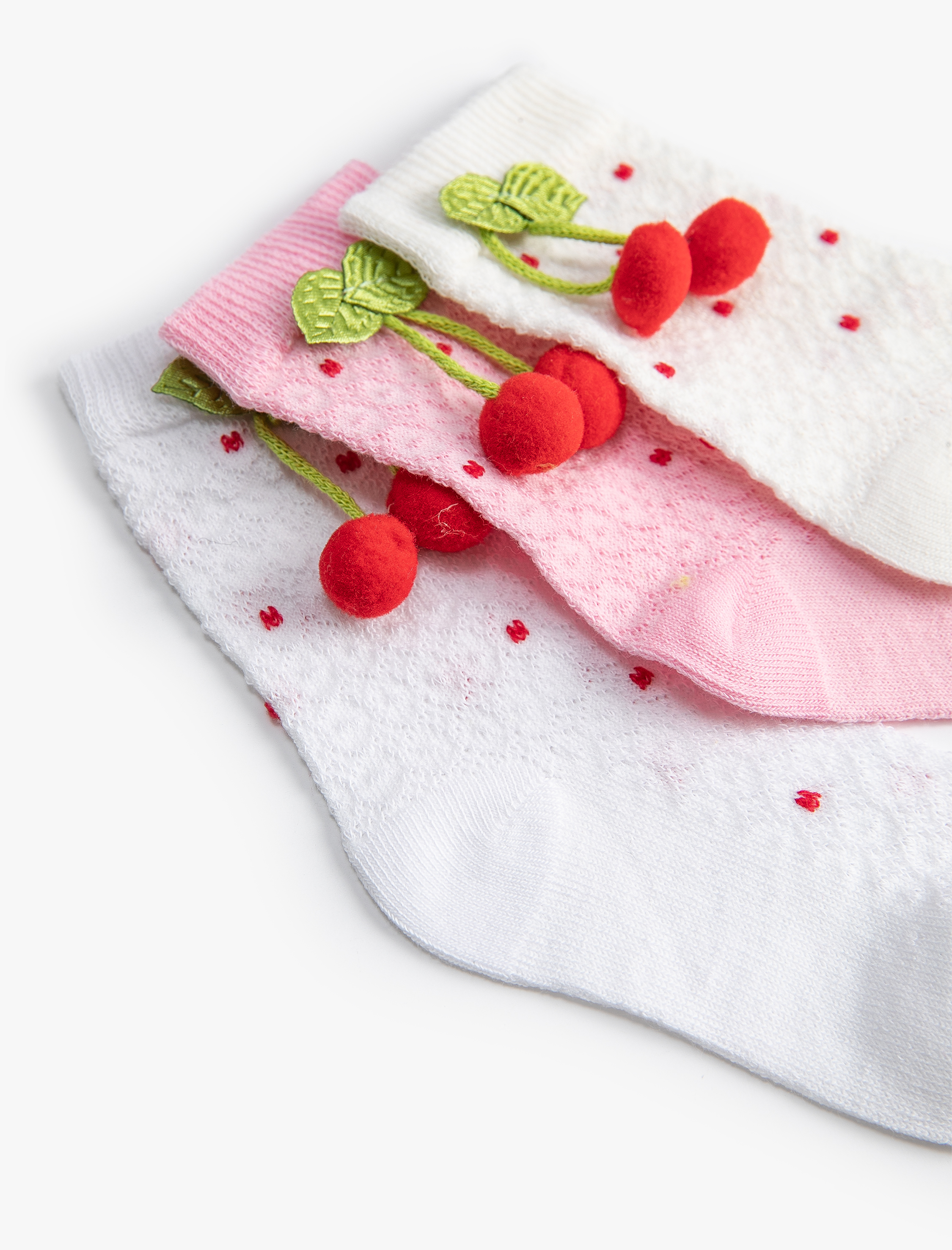  Kız Bebek 3'lü Kiraz Aplikeli Çorap Seti