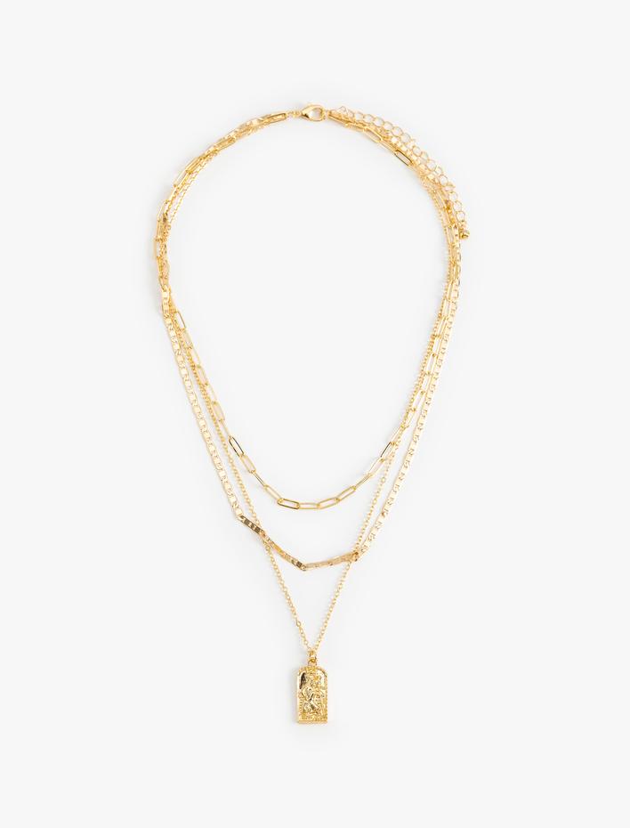 Kadın Çoklu Zincir Kolye 3 Sıra Charm Detaylı