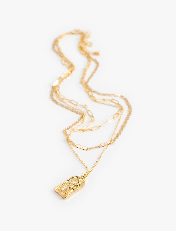 Kadın Çoklu Zincir Kolye 3 Sıra Charm Detaylı