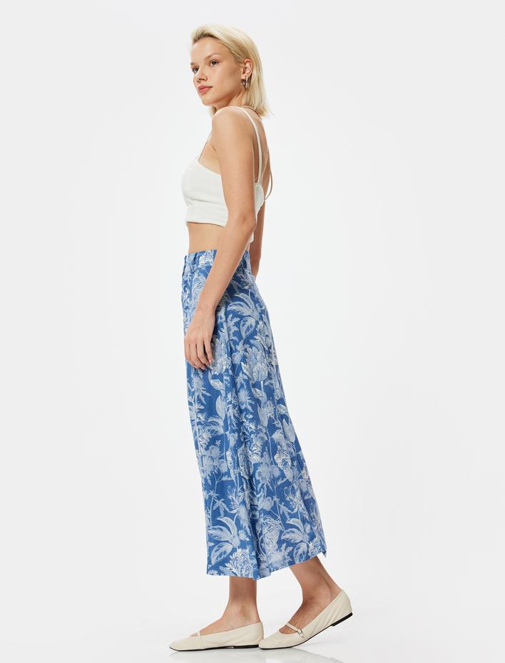  Keten Karışımlı Çiçekli Midi Boy Etek Düğmeli