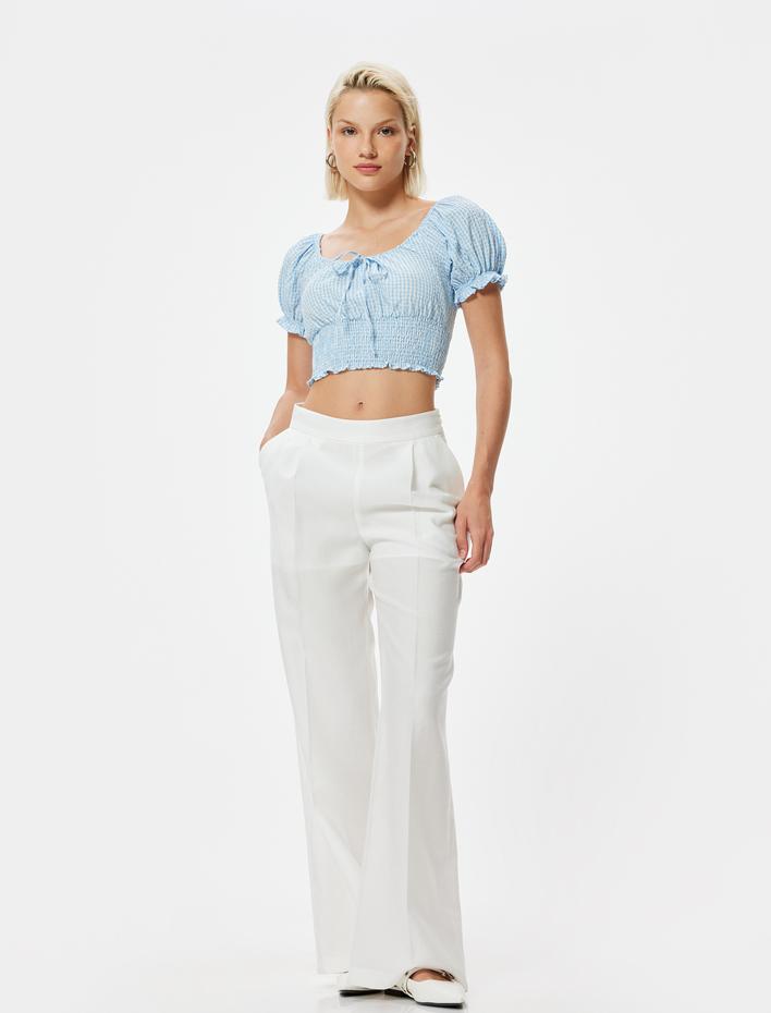  Balon Kol Poplin Crop Bluz Gipeli Önden Bağlama Detaylı